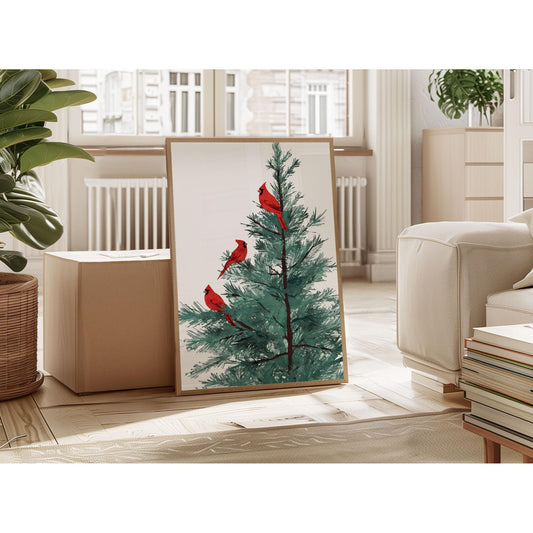 Three Red Cardinals in Pine Tree Art Print