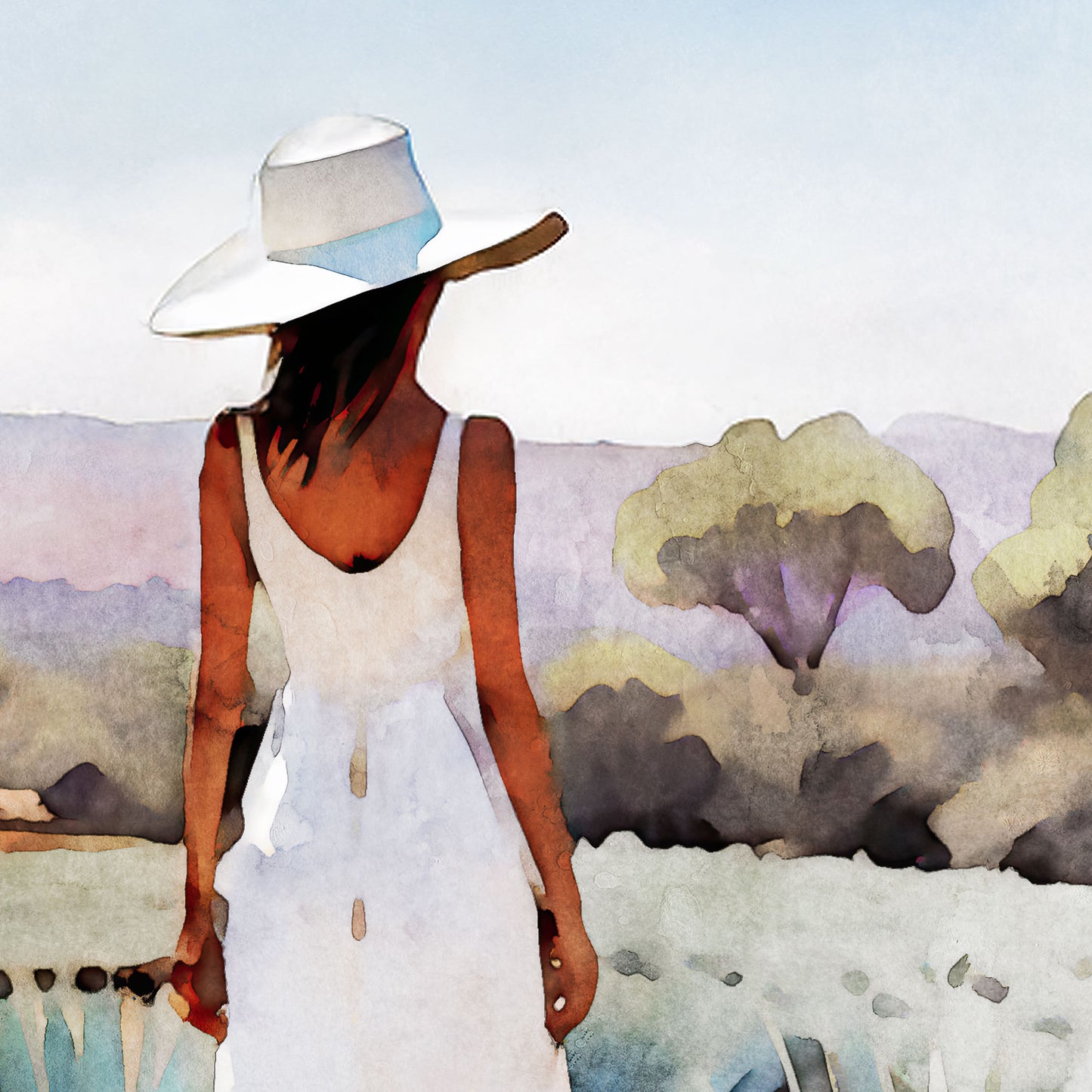 A close-up of a woman from behind, wearing a white dress and a wide-brimmed hat, looking toward distant trees and mountains.