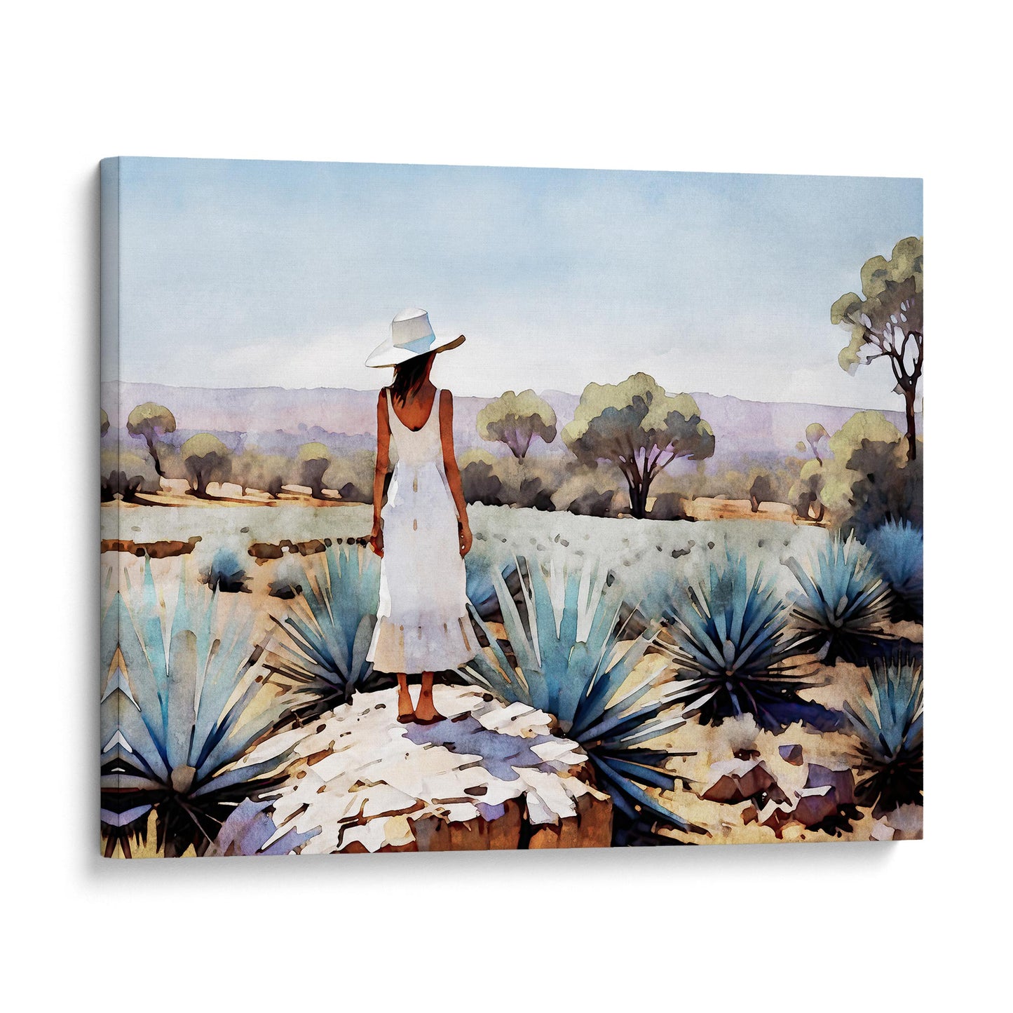 A canvas print of a woman in a white dress and hat standing on a rock in an agave field with distant trees and mountains.