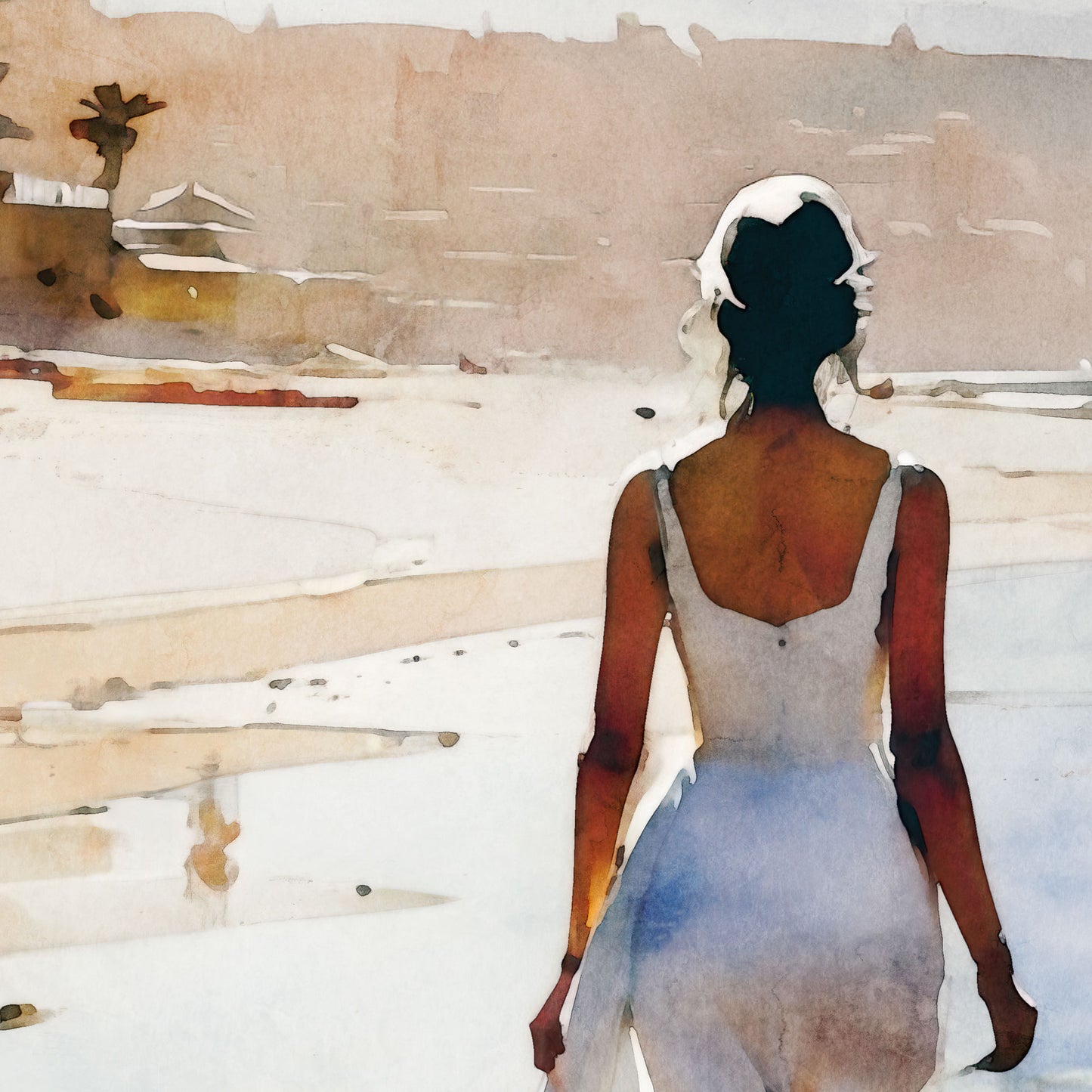 A close-up of a watercolor painting depicts a woman walking along the beach. She is shown from behind, wearing a flowing white dress. The soft, muted colors highlight the serene atmosphere of the shoreline and the warm tones of the distant buildings and landscape.