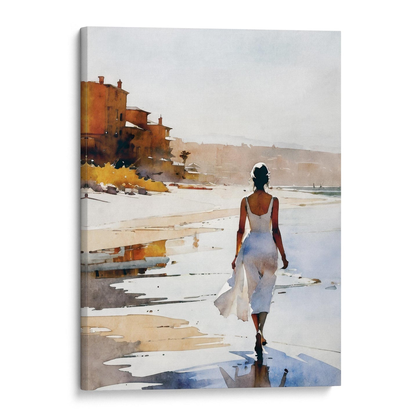 A canvas print of a watercolor painting depicting a woman in a white dress walking along the shoreline at sunset.