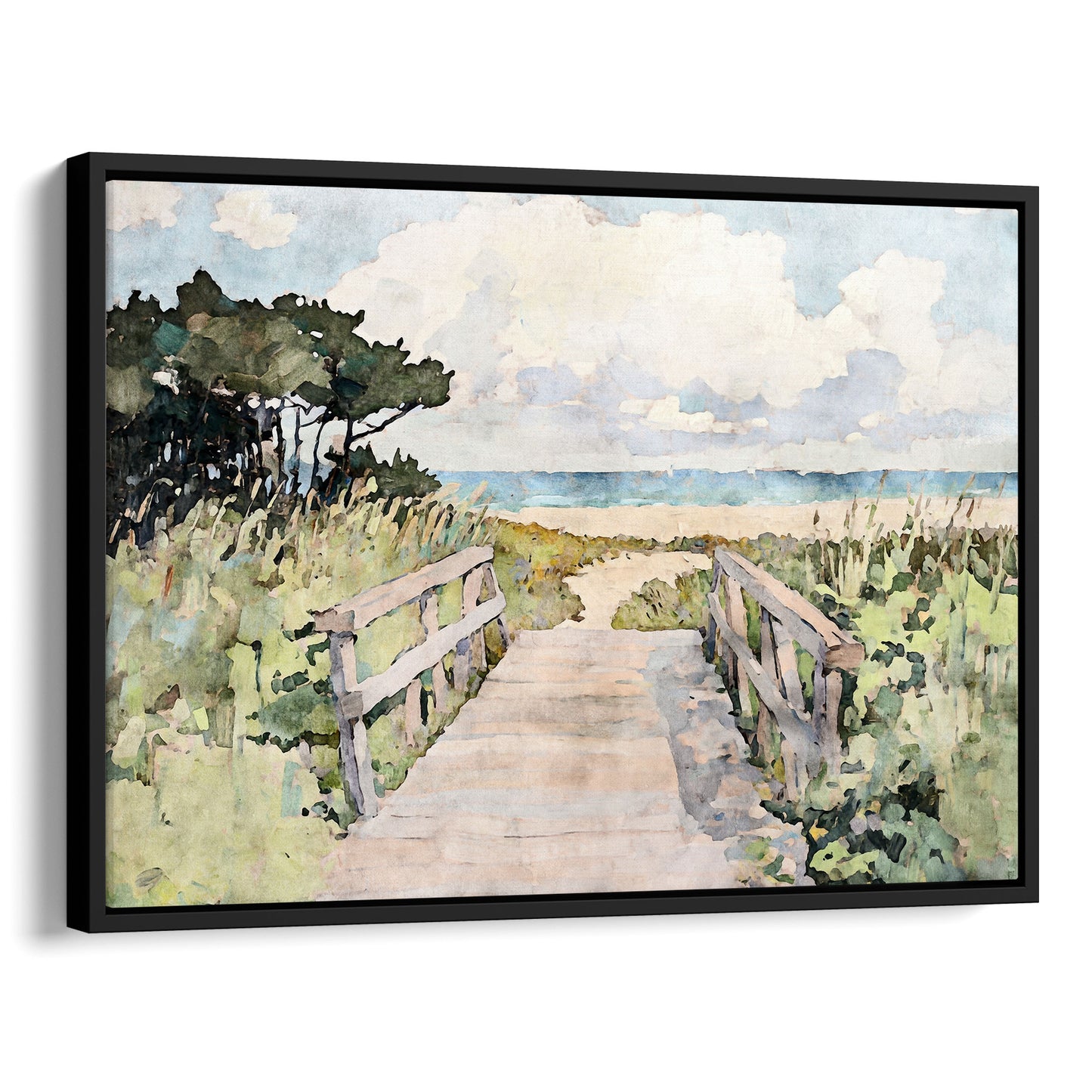 Black framed canvas print of a tranquil beach boardwalk painting in soft watercolor tones. A wooden path flanked by tall dune grasses and wind-shaped trees guides the viewer toward the ocean, under a sky of fluffy white clouds. The scene evokes a breezy, serene coastal escape.