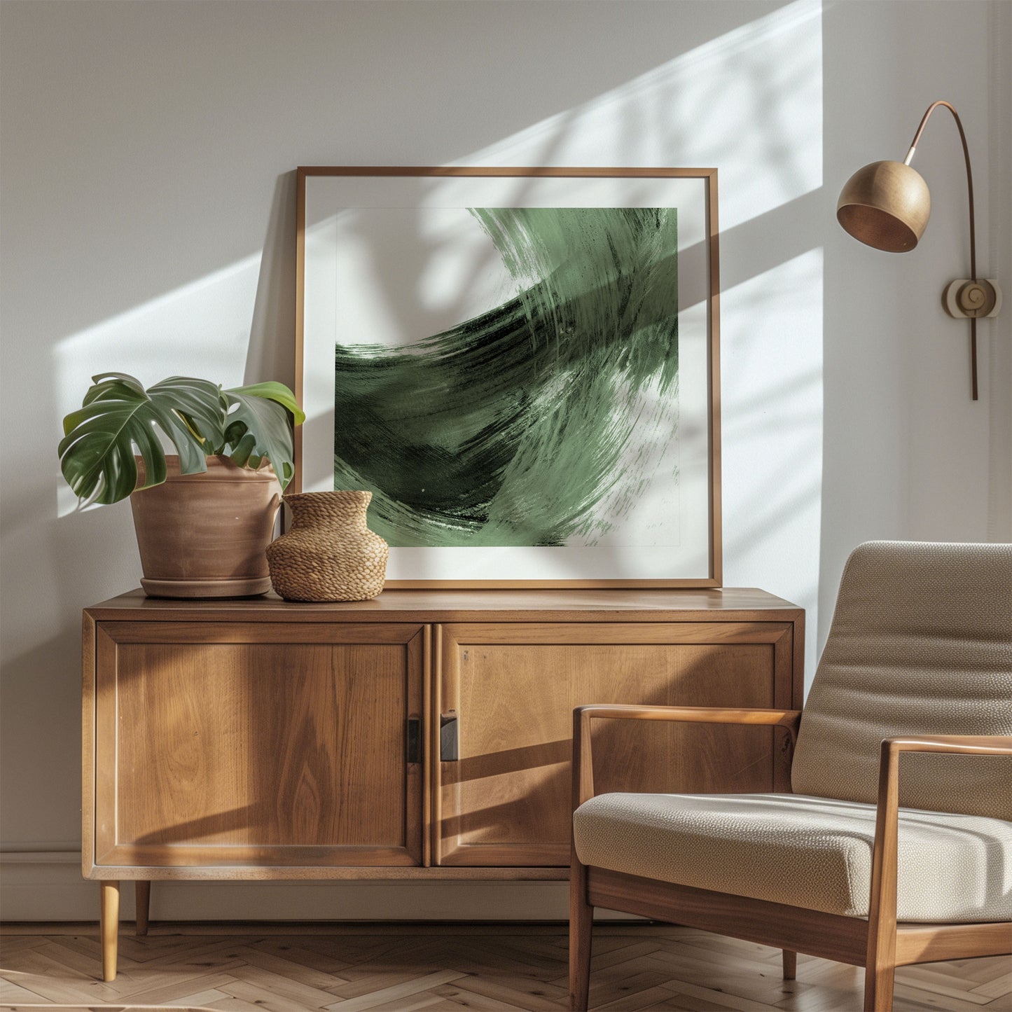 Green and Black Curved Brushstrokes II Print