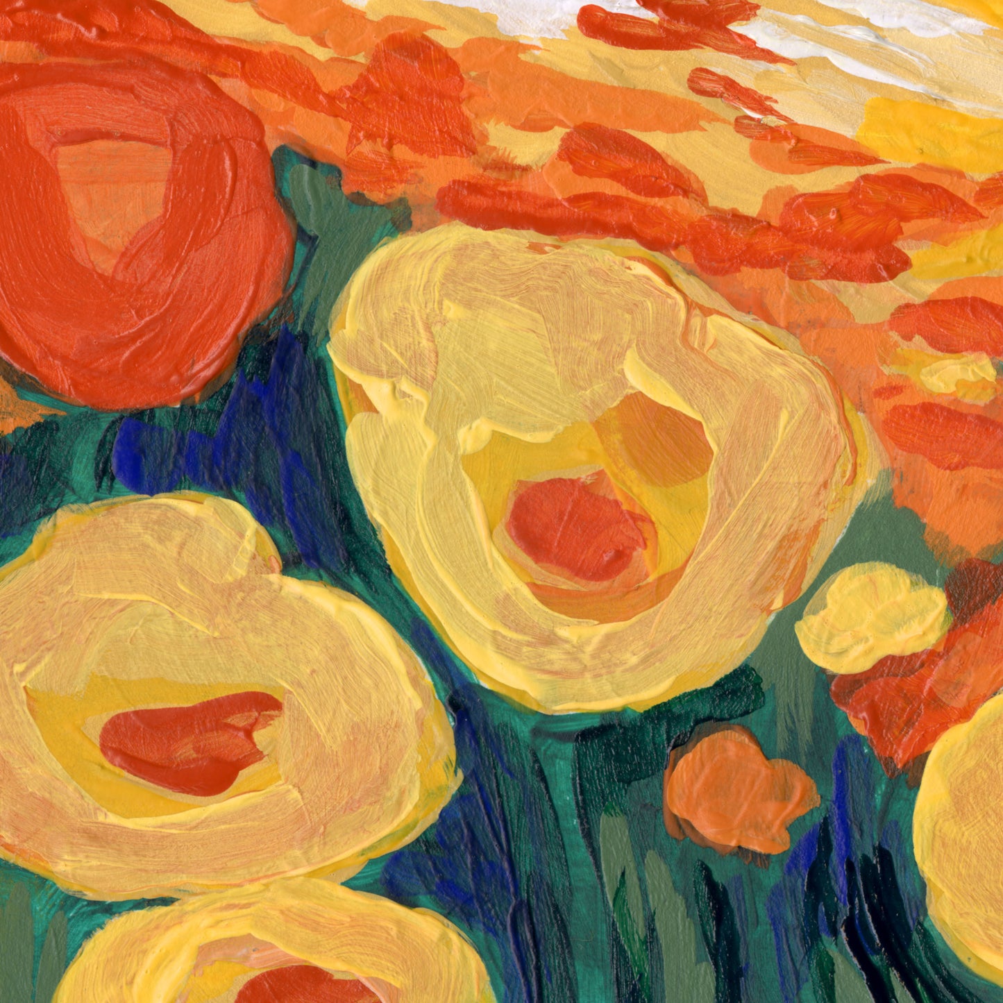 Close-up of an acrylic painting depicting a California poppy superbloom, featuring bold yellow and orange flowers with expressive brushstrokes against a deep green background.