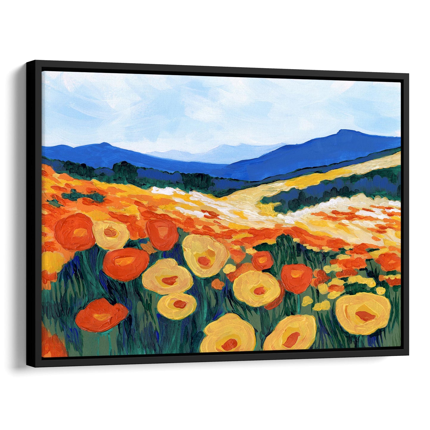 Black framed canvas print of an acrylic painting featuring a California poppy superbloom with vivid orange and yellow flowers against rolling green hills and blue mountains.