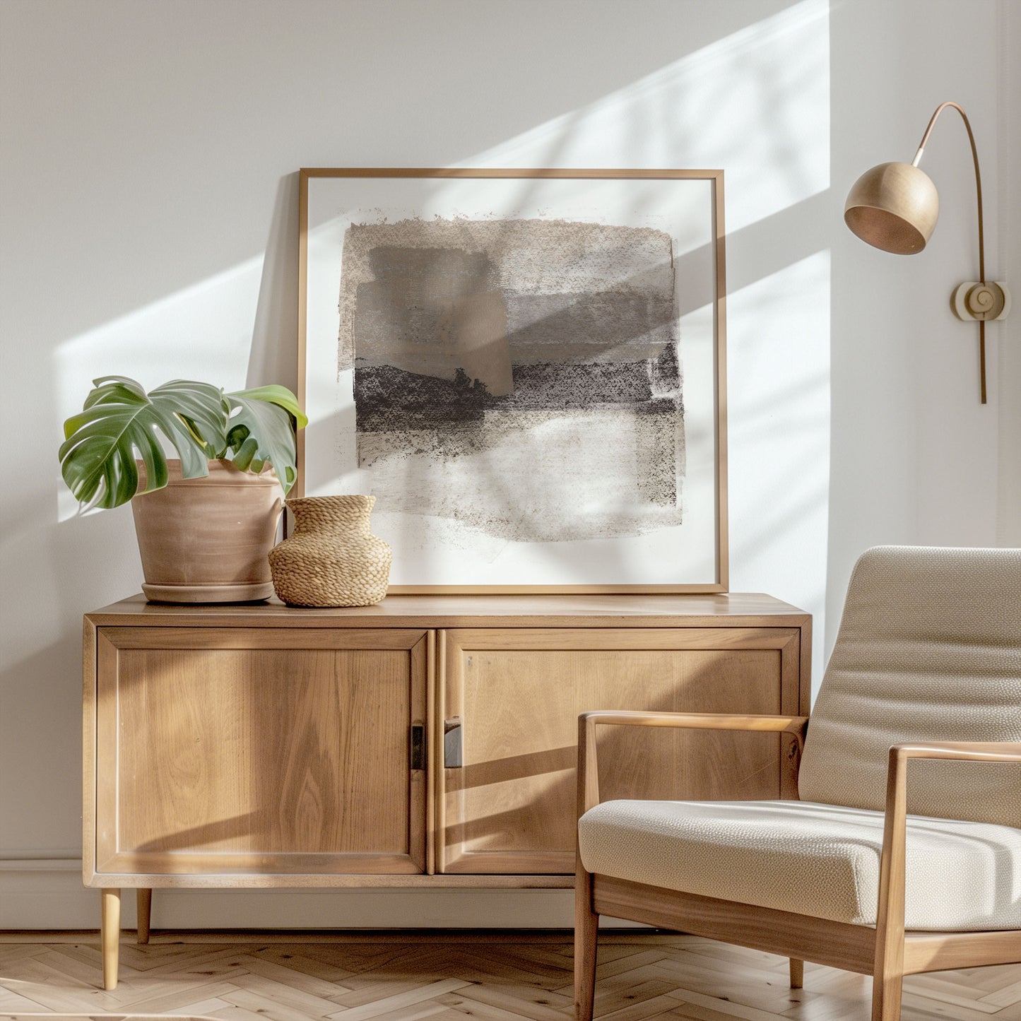 Taupe and Charcoal Horizontal Abstract Painting Print