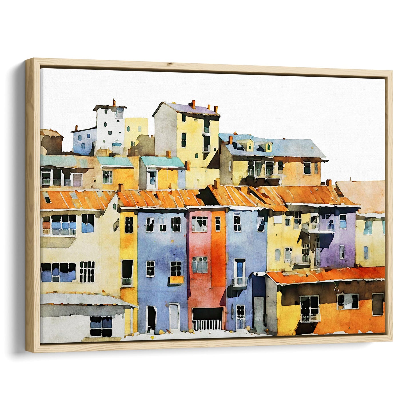Framed canvas print of a watercolor painting showing a colorful hillside village with vibrant buildings, set in a natural wood frame.