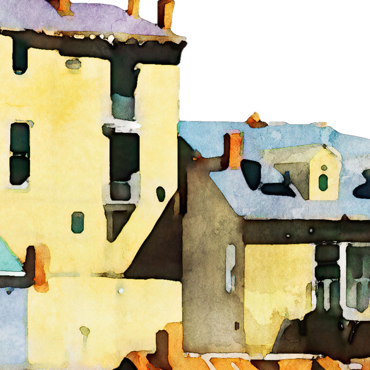 Close-up of a watercolor painting showing the upper sections of yellow and blue hillside buildings with windows, chimneys, and textured rooftops.