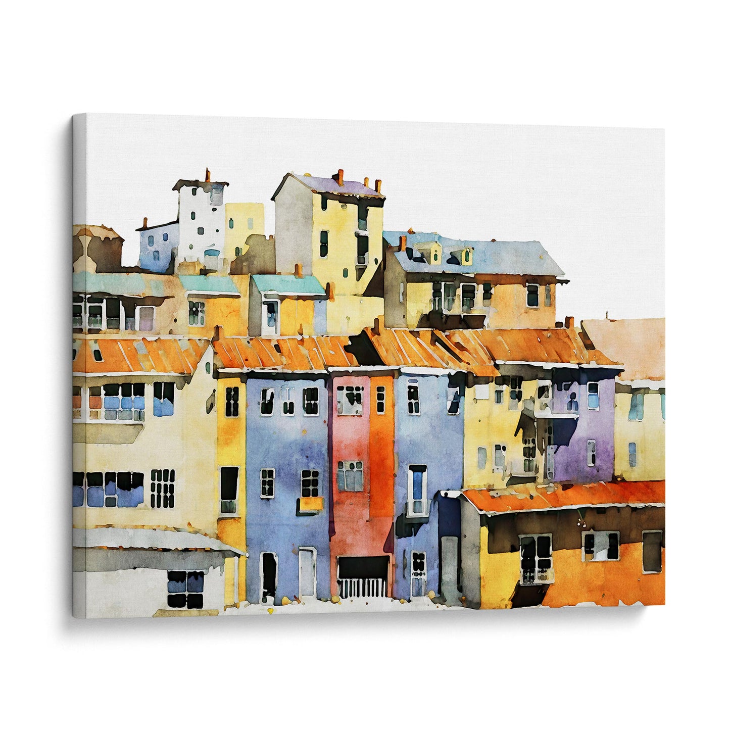 Canvas print of a watercolor painting depicting a colorful hillside village with vibrant buildings, mounted on a white background.