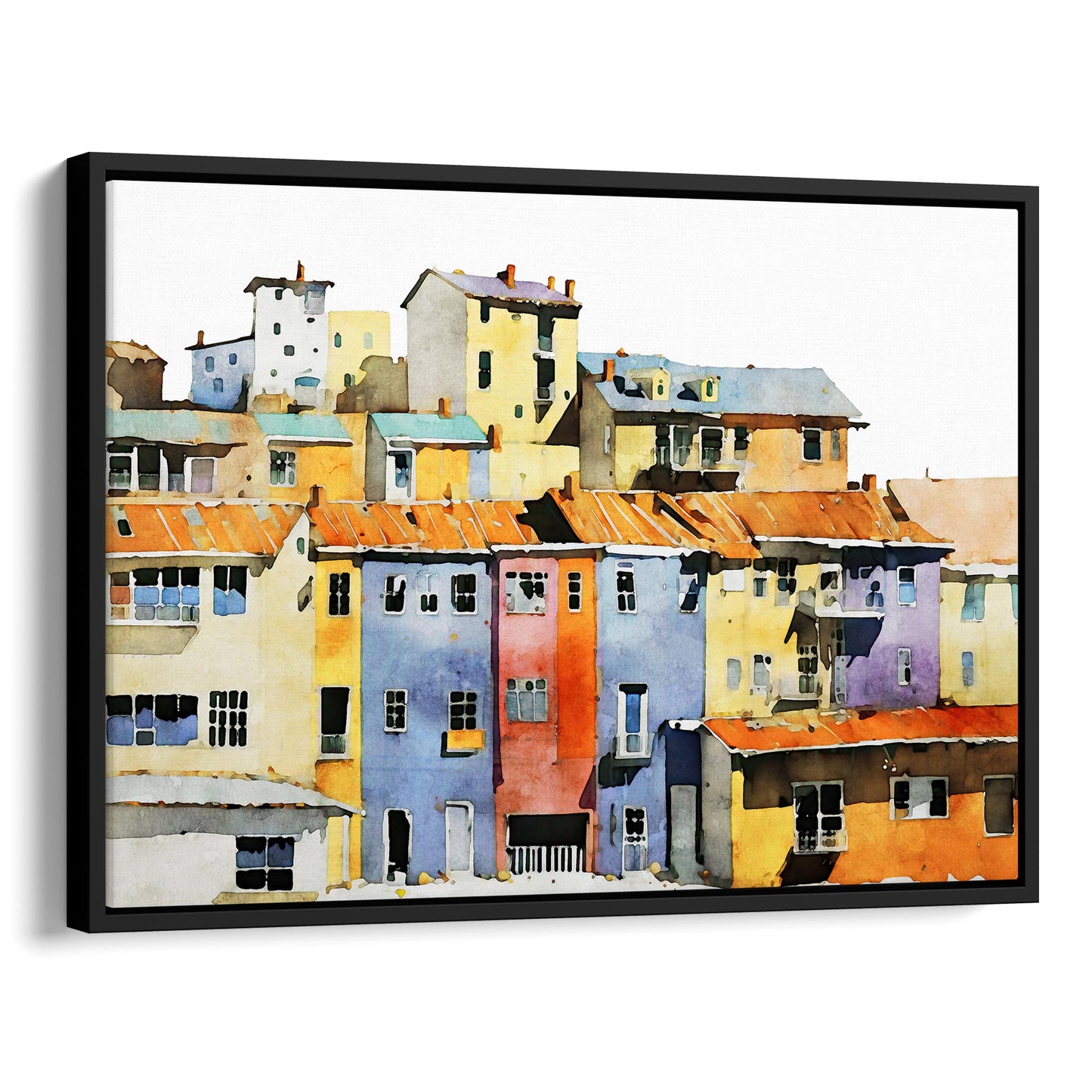 Framed canvas print of a watercolor painting showing a colorful hillside village with vibrant buildings, set in a black frame.