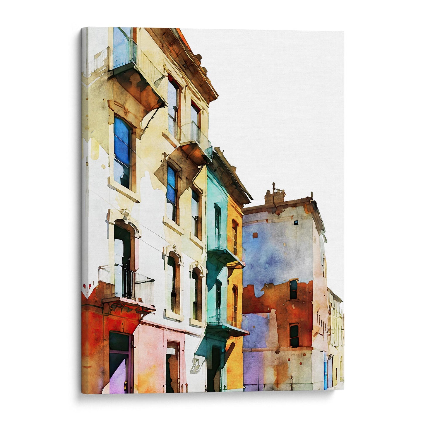 Canvas print of a watercolor painting depicting colorful buildings with pastel facades, mounted on a white background.