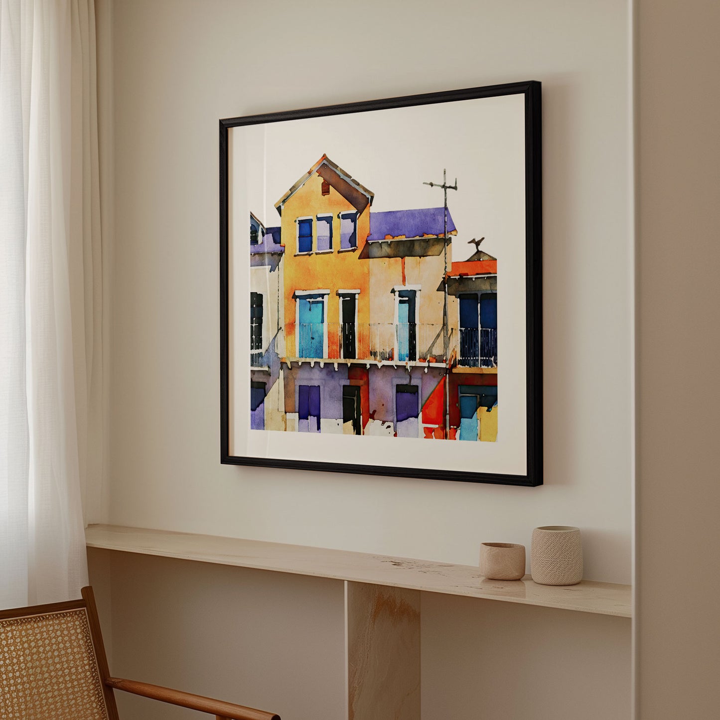 Framed watercolor painting of colorful buildings with blue, yellow, and purple facades hanging on a light-colored wall in a minimalist room.