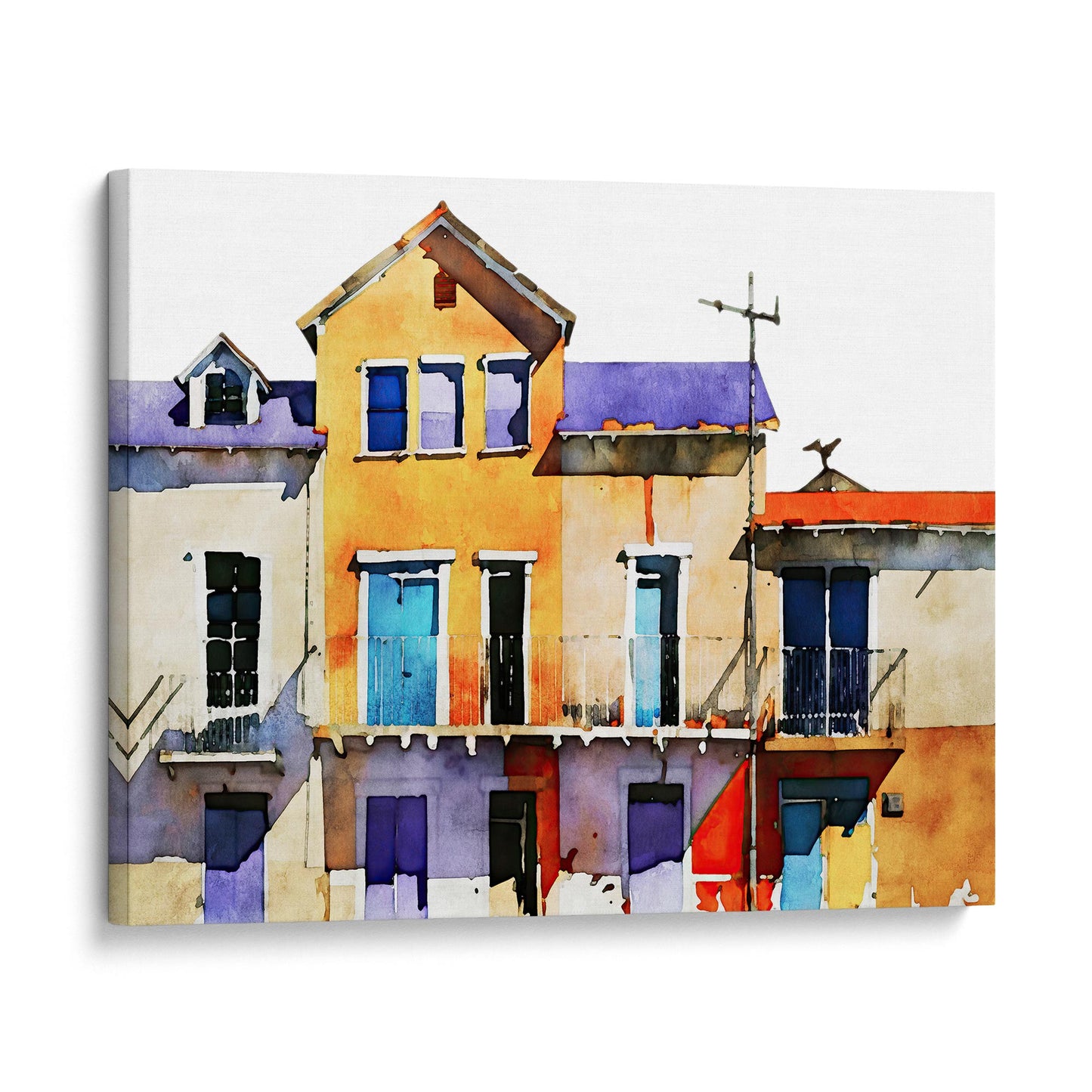 Canvas print of a watercolor painting depicting colorful buildings with blue, yellow, and purple facades, mounted on a white background.