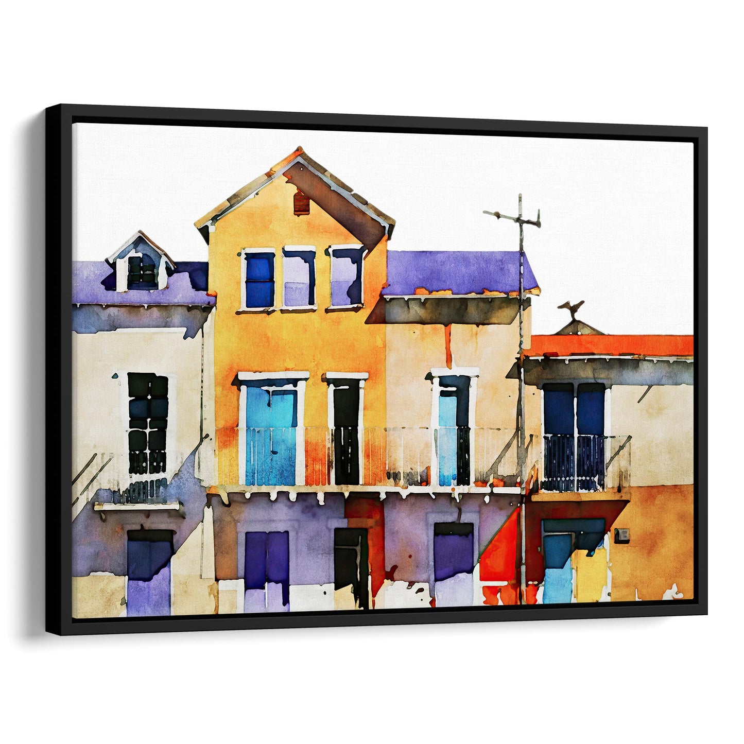 Framed canvas print of a watercolor painting featuring colorful buildings with blue, yellow, and purple facades, set in a black frame.