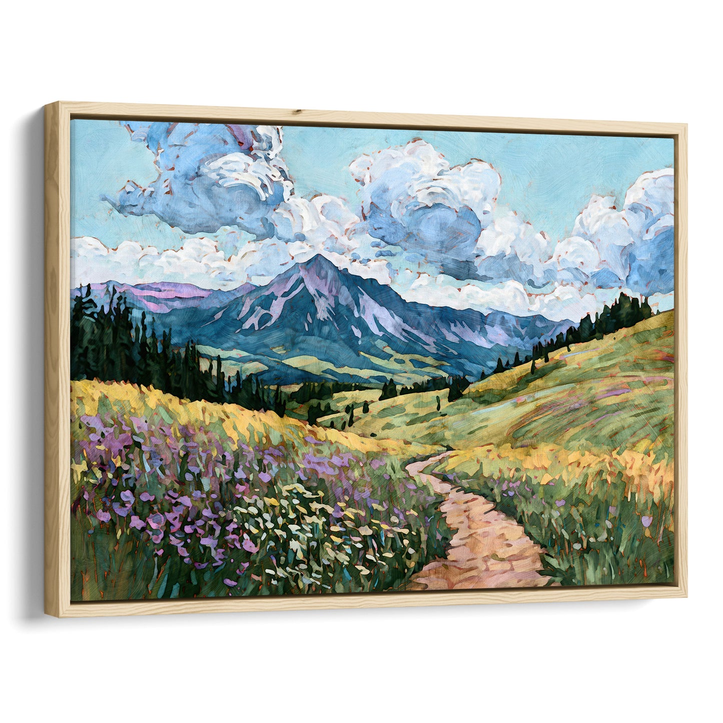 Framed painting of a mountain landscape with a path and flowers