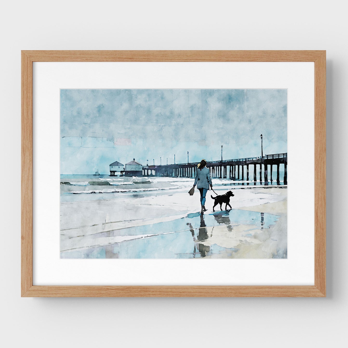 Woman Walking Dog by the Pier Print