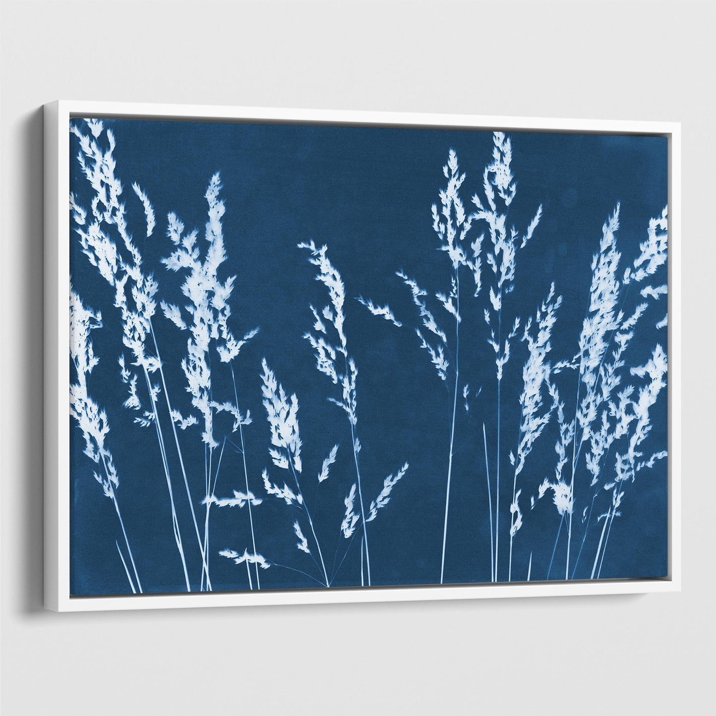 Framed cyanotype print featuring white wild grass silhouettes against a deep blue background, enclosed in a sleek white frame.