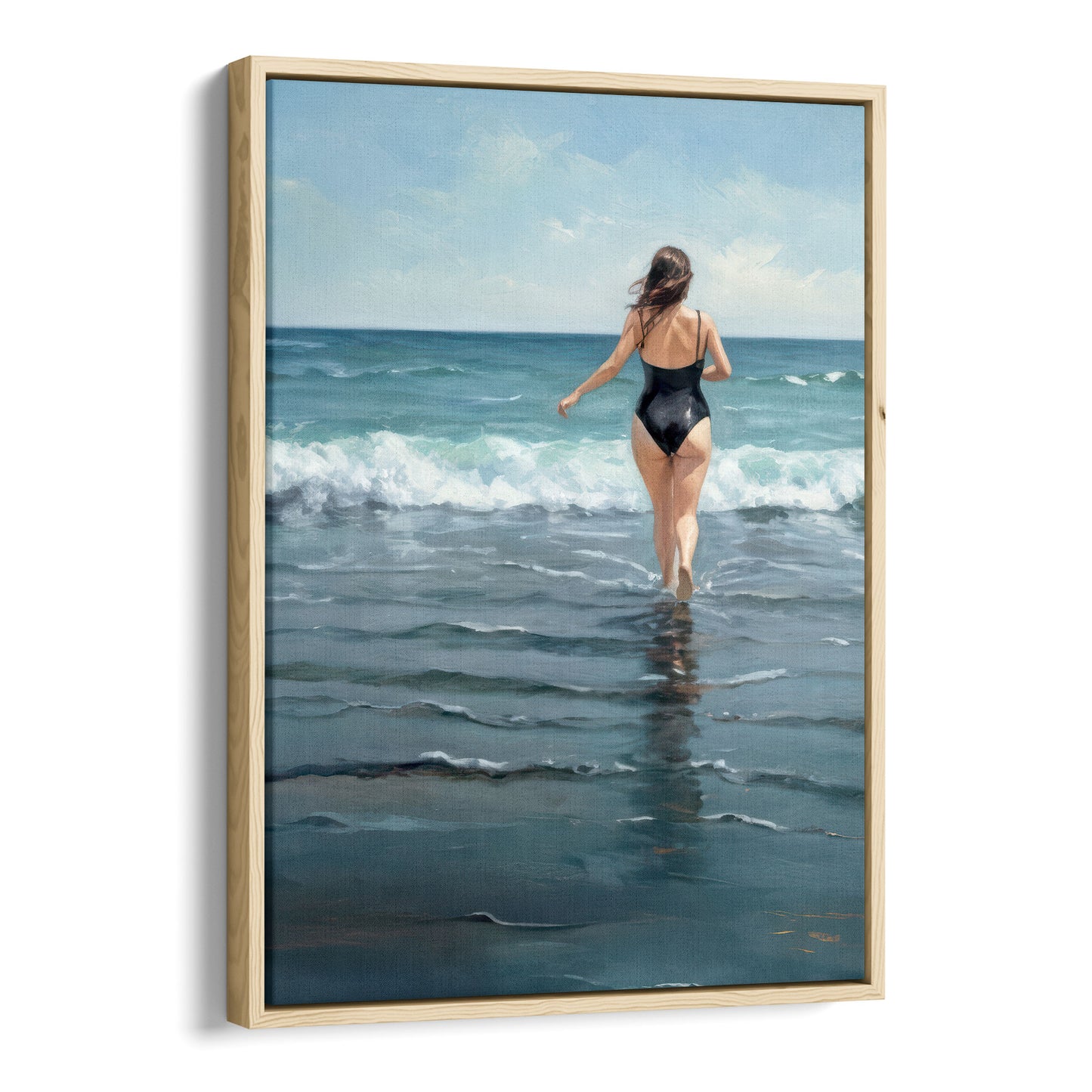 Natural wood framed painting of a woman in a black swimsuit walking into the ocean, back turned to viewer, with waves and a partly cloudy sky.