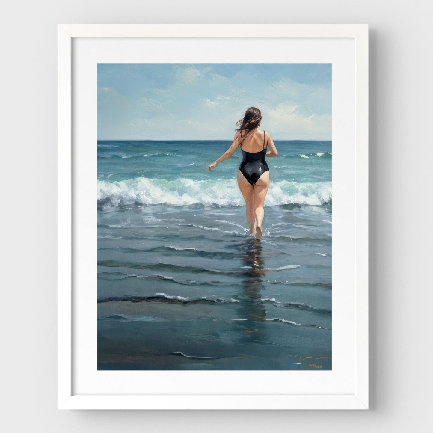 Framed painting of a woman in a black swimsuit walking into the ocean waves, with white border and a white frame against a light background.