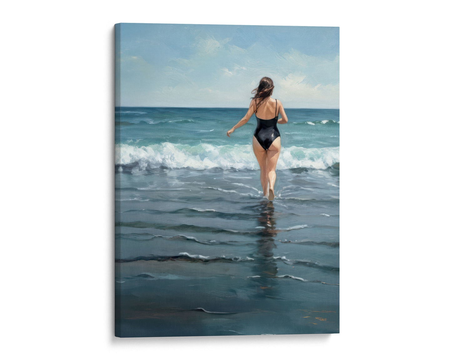 Painting of a woman in a black swimsuit walking into the ocean waves, with her back turned toward the viewer under a partly cloudy sky.