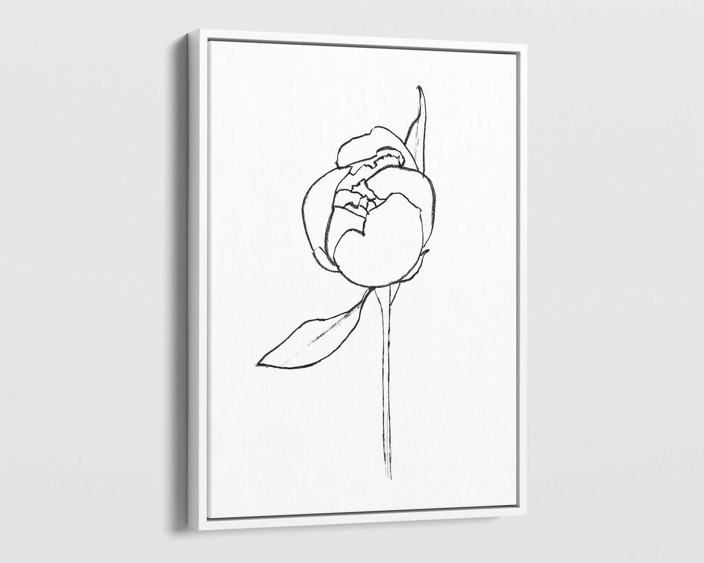 White framed canvas print of a minimalist line drawing depicting a peony bud with a single leaf, set against a white background.