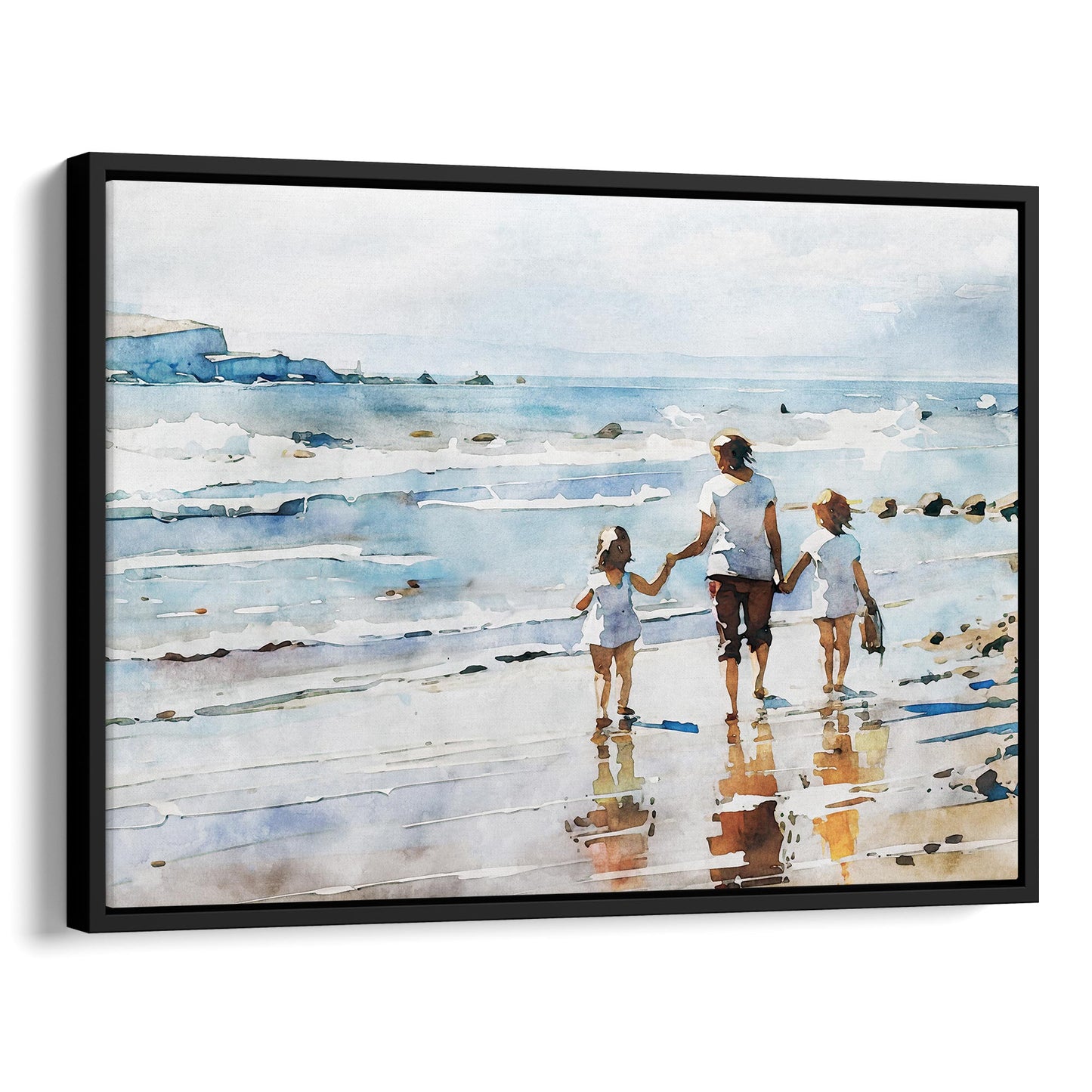Black framed canvas print of a watercolor painting depicting a woman and two children walking hand in hand along the shoreline, reflecting in the wet sand.