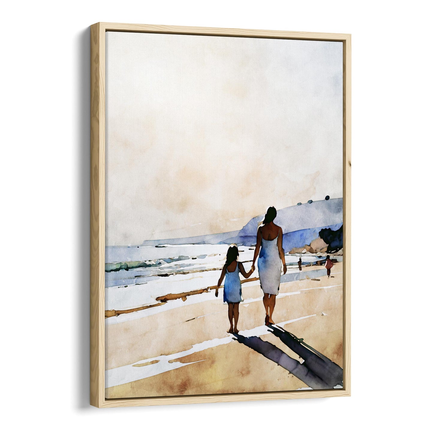 Natural wood framed canvas print of a watercolor-style painting showing a woman and a young girl holding hands while walking along a sandy beach.