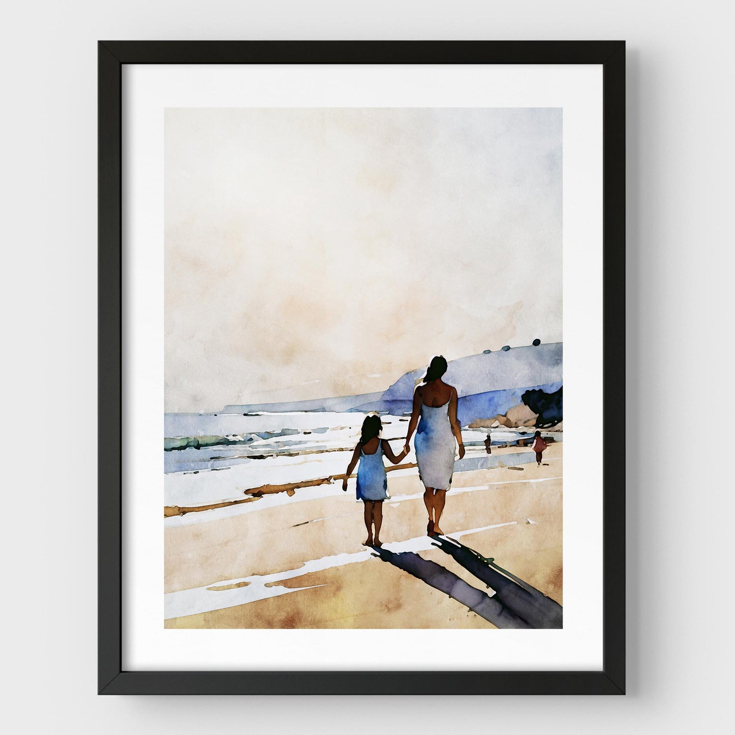 Black framed watercolor-style painting of a woman and a young girl holding hands while walking along a sandy beach.