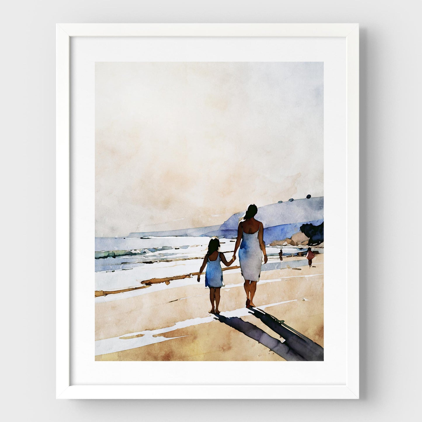 White framed watercolor-style painting of a woman and a young girl holding hands while walking along a sandy beach.