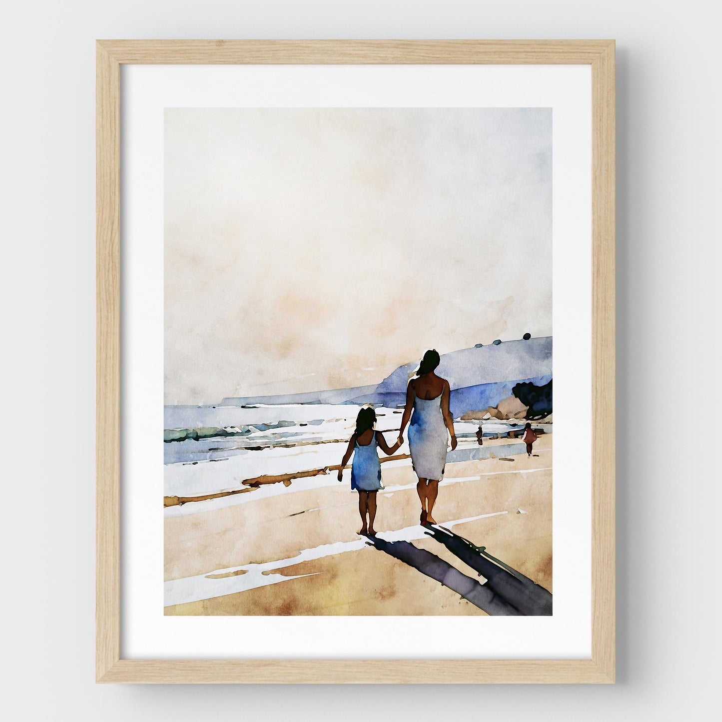 Natural wood framed watercolor-style painting of a woman and a young girl holding hands while walking along a sandy beach.