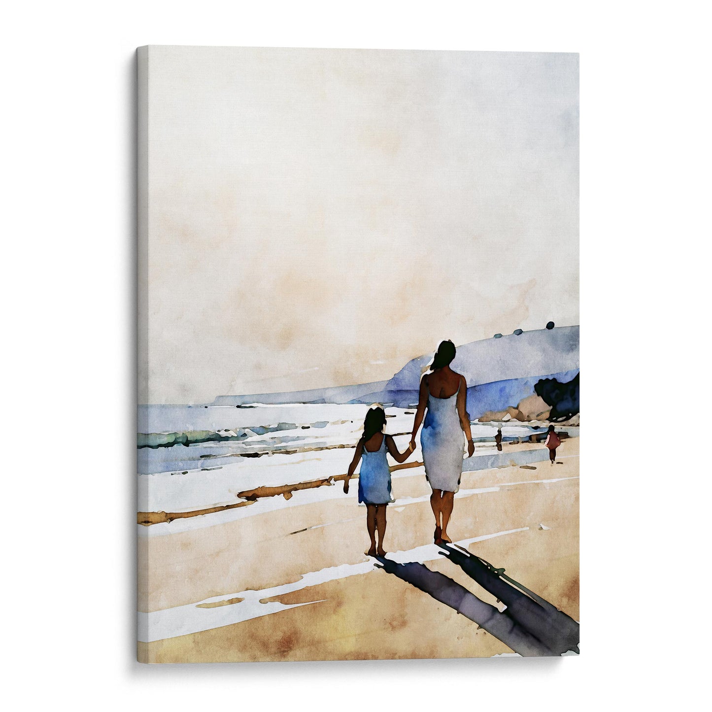 Canvas print of a watercolor-style painting showing a woman and a young girl holding hands while walking along a sandy beach.