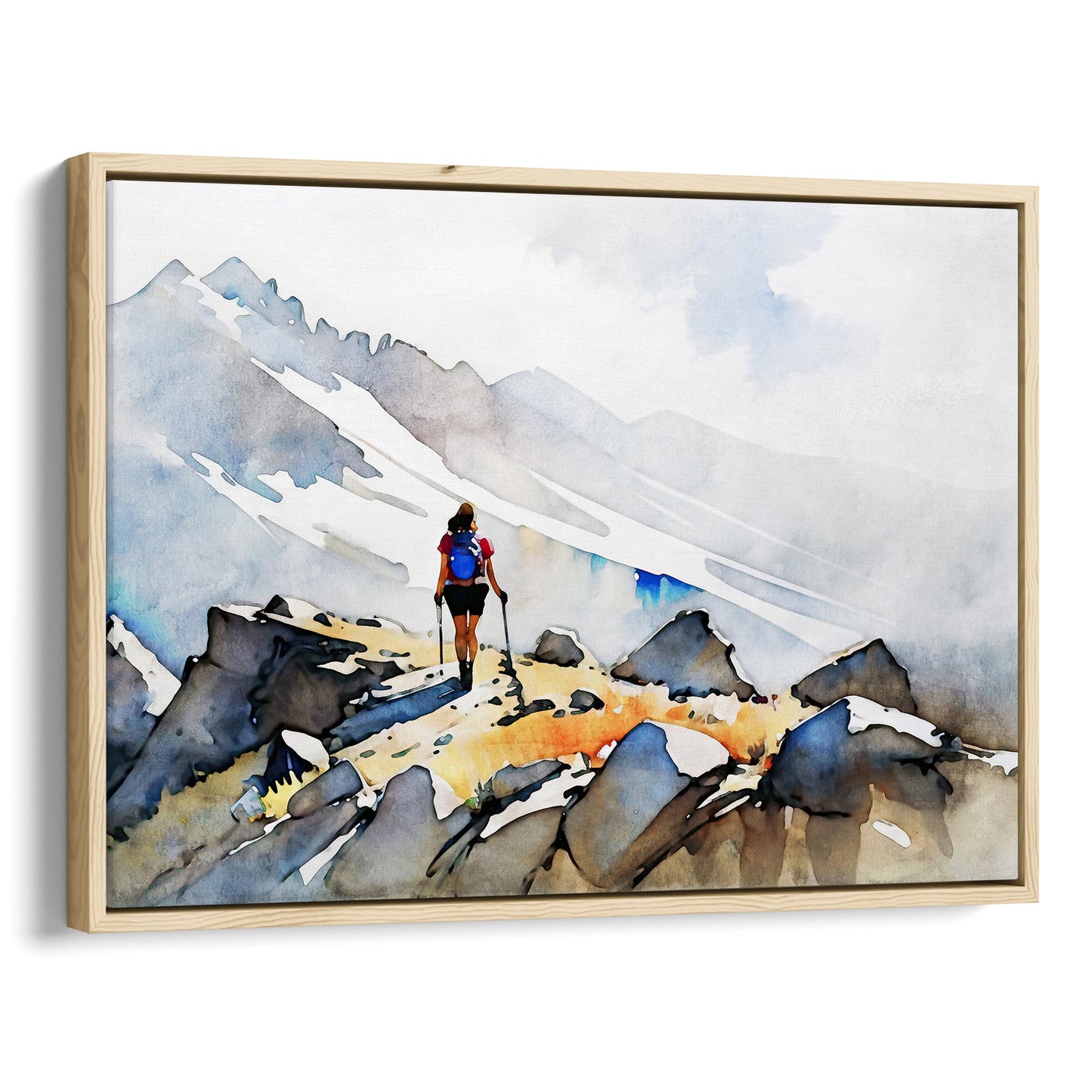 Natural wood framed canvas print of a hiker with trekking poles and a blue backpack on a rocky mountain path, with misty snow-covered peaks in the background.