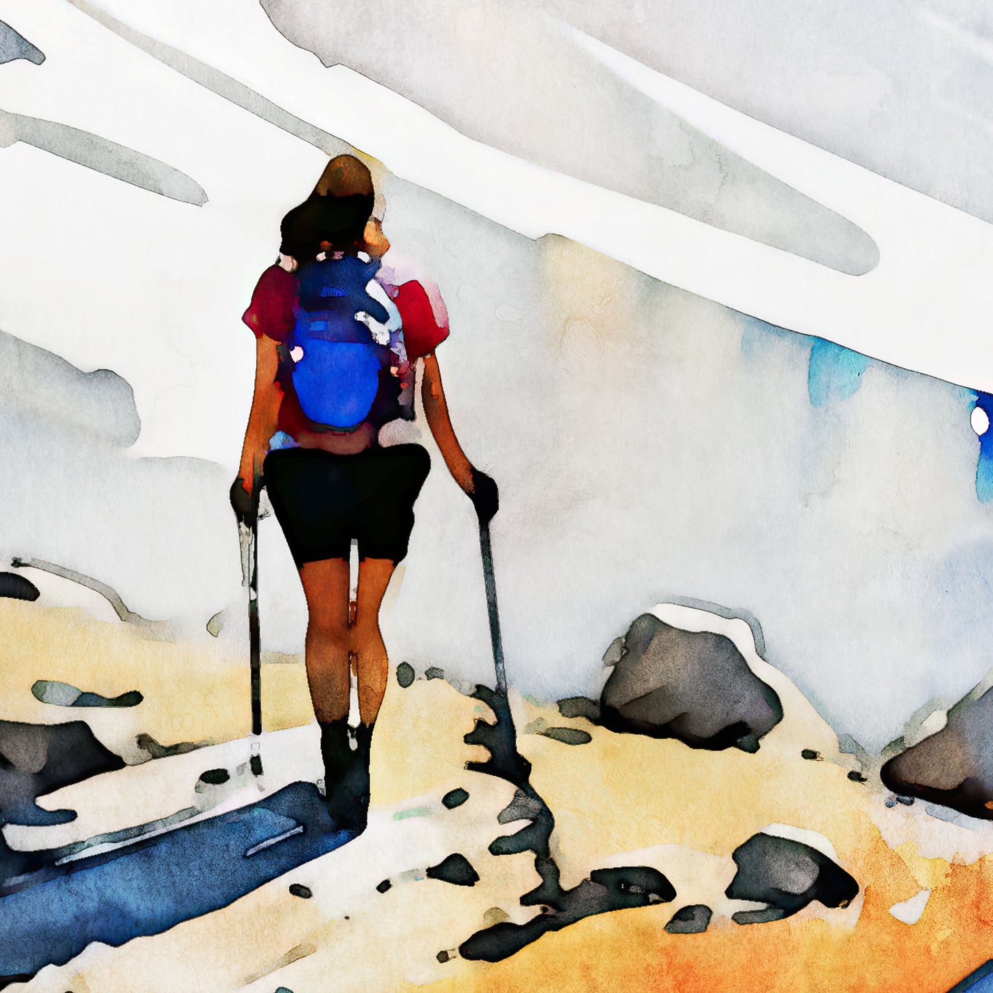 A close-up of a hiker wearing a red shirt, black shorts, and a blue backpack, using trekking poles on a rocky mountain path.
