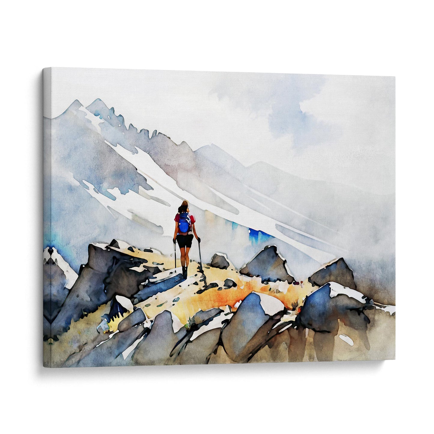 A canvas print of a hiker with trekking poles and a blue backpack walking along a rocky mountain path with snow-covered peaks in the background.