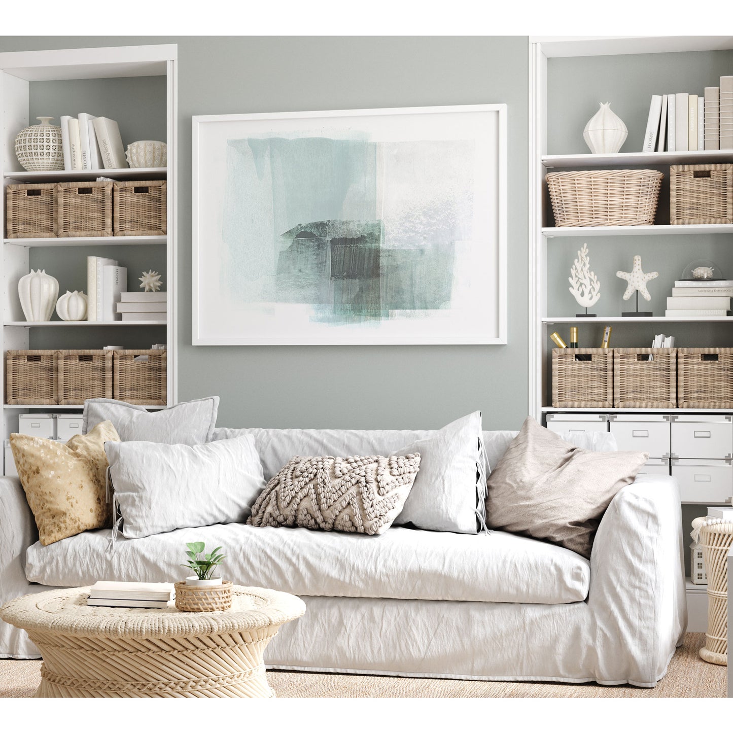 Aqua Blue and Grey Horizontal Minimalist Abstract Painting Print