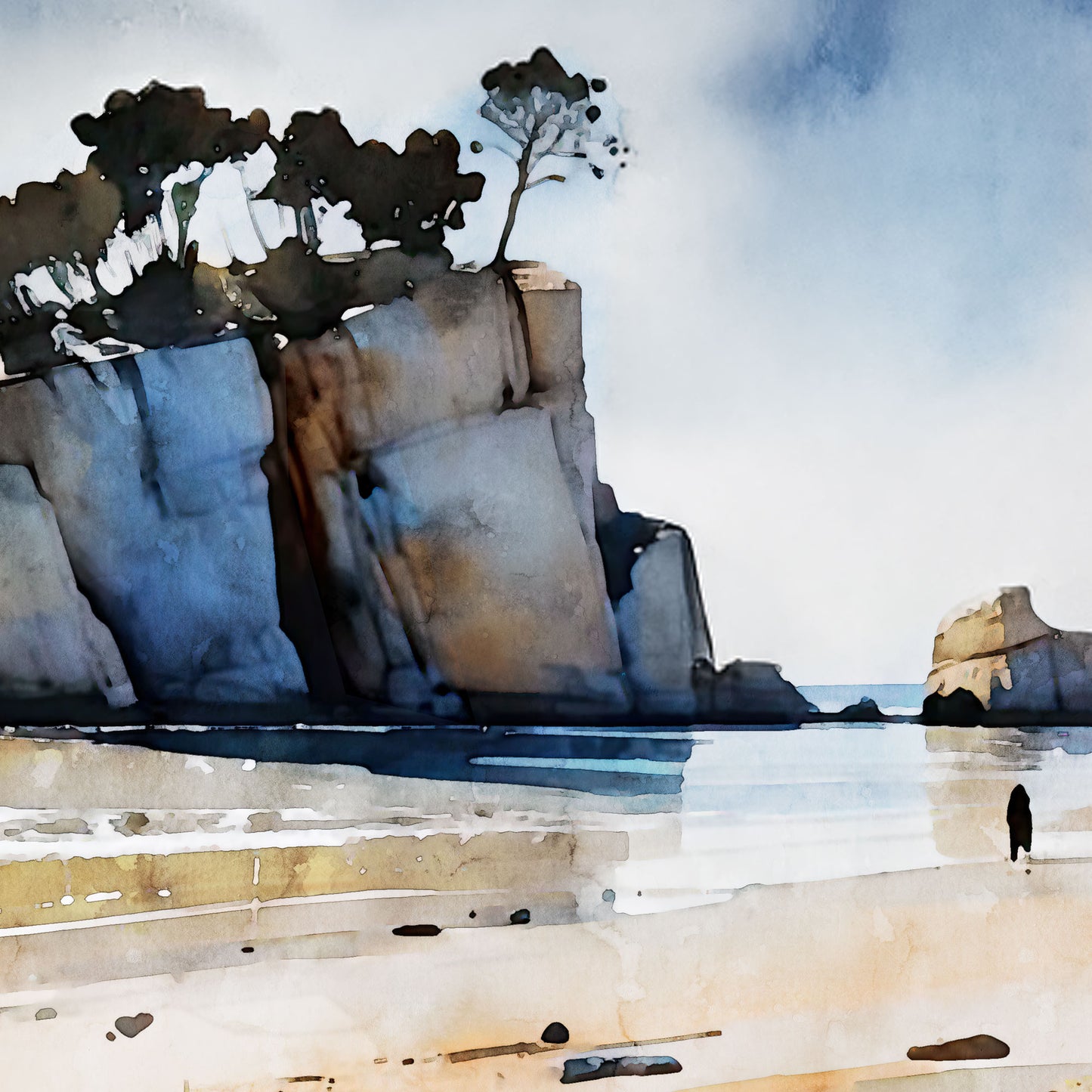 Detail of watercolor painting of a coastal scene with a large rock formation topped with windswept trees, calm water reflections, and a sandy shore with a few distant figures.