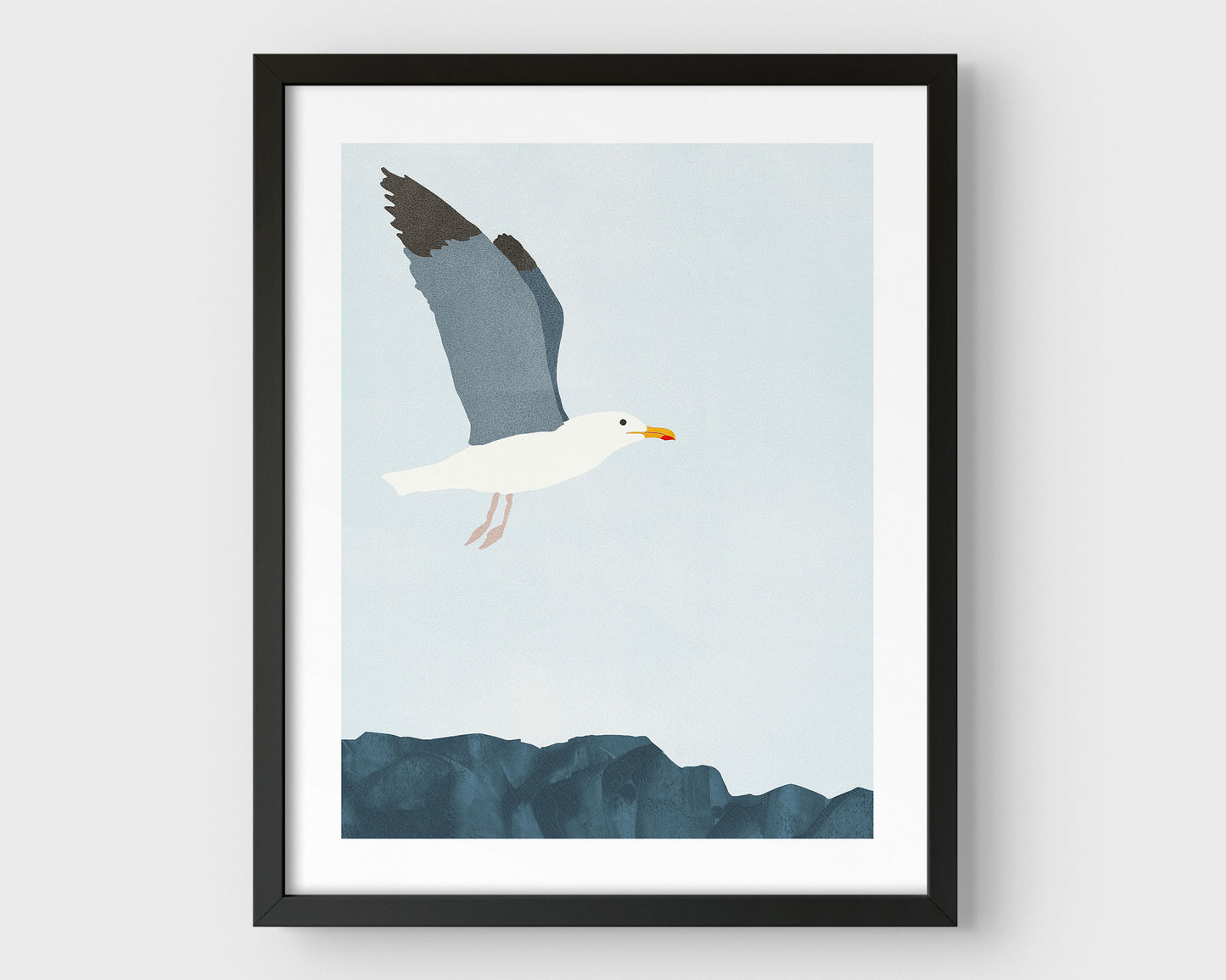 Minimalist digital illustration of a seagull in mid-flight with wings partially raised, soaring above a rocky surface against a pale blue sky, framed in black.