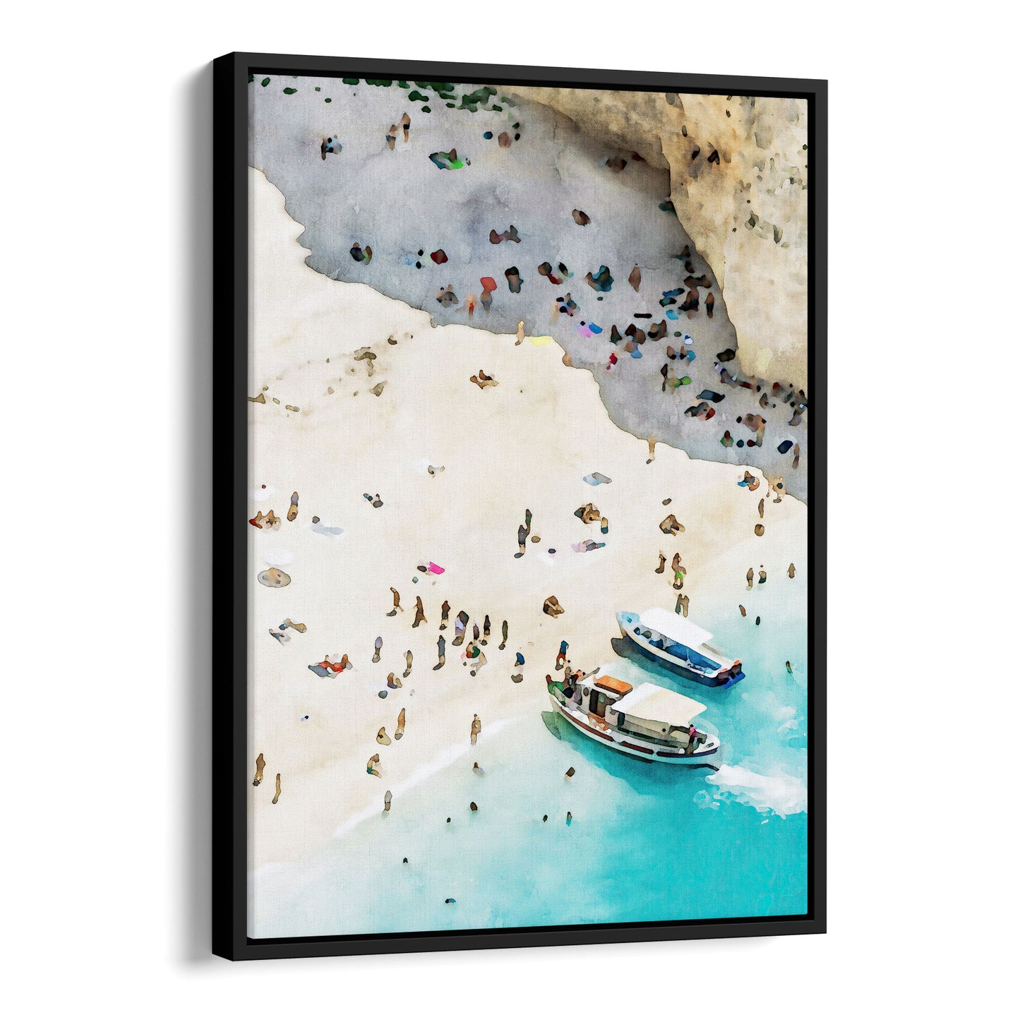 A framed canvas print featuring a watercolor-style artwork of a busy beach with two boats on clear turquoise water and sunbathers on sandy terrain, framed in black.