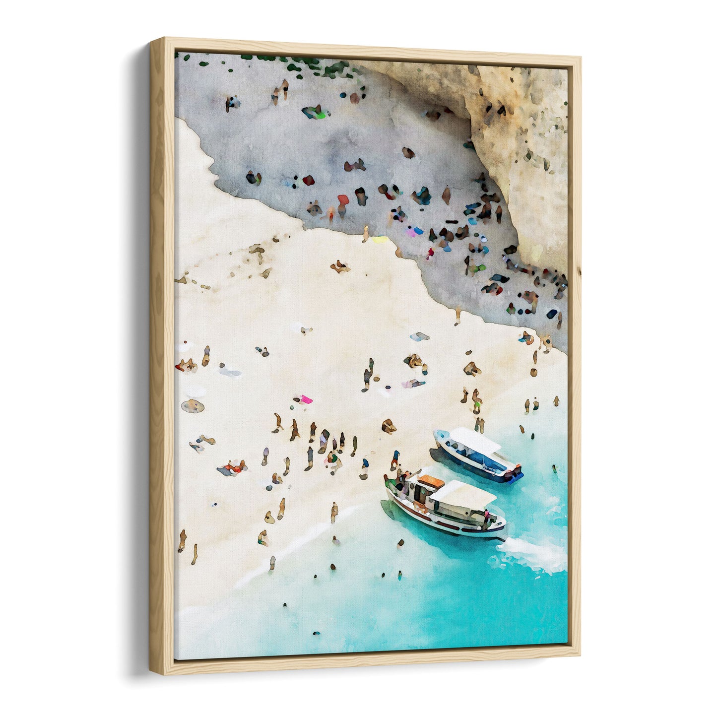 A framed canvas print featuring a watercolor-style artwork of a busy beach with two boats on clear turquoise water and sunbathers on sandy terrain, framed in natural wood.