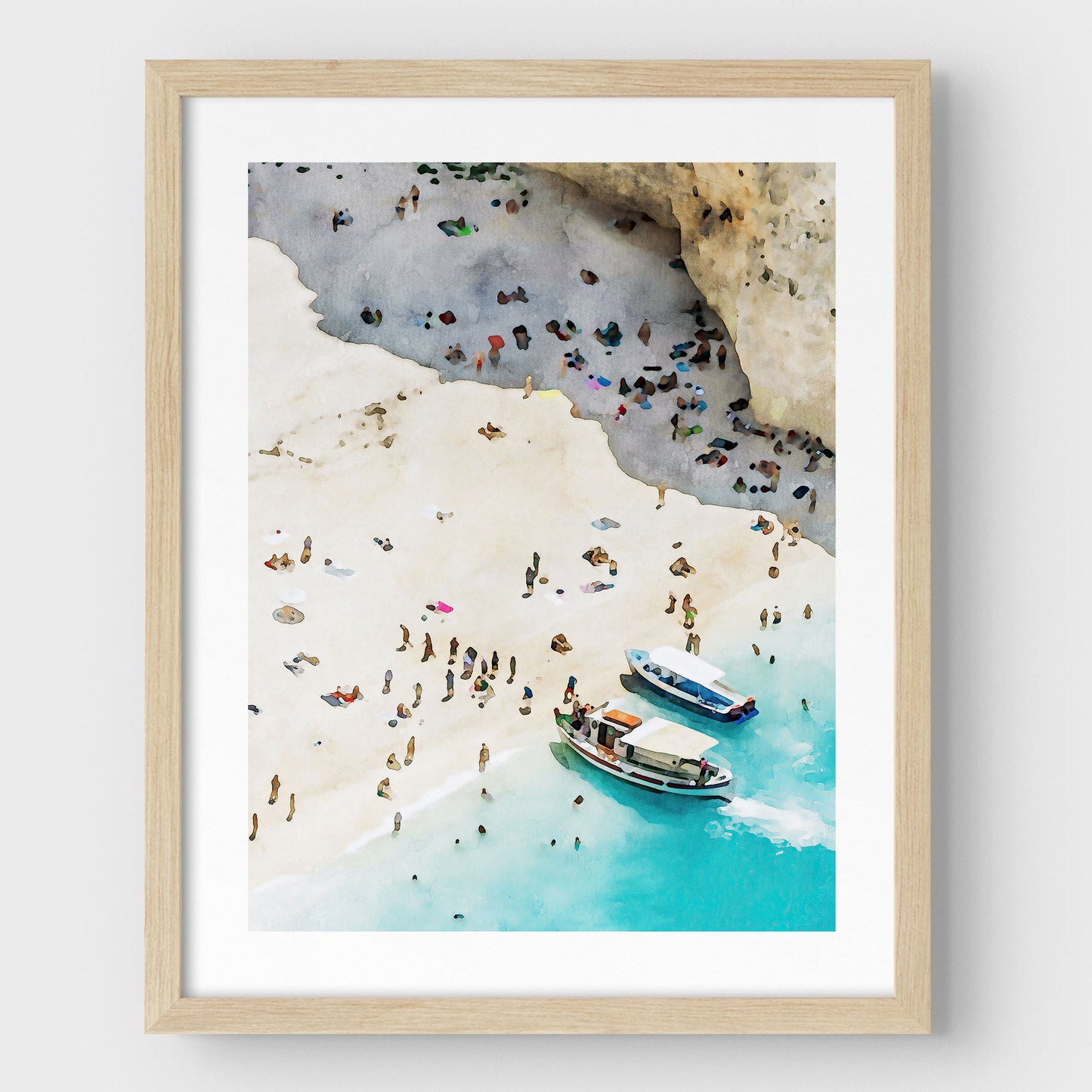 Natural framed artwork featuring a watercolor-style depiction of a beach with two boats docked near the shore, surrounded by people enjoying the sandy beach and turquoise water.
