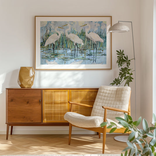 Living room with wooden sideboard, armchair, and framed artwork of birds.