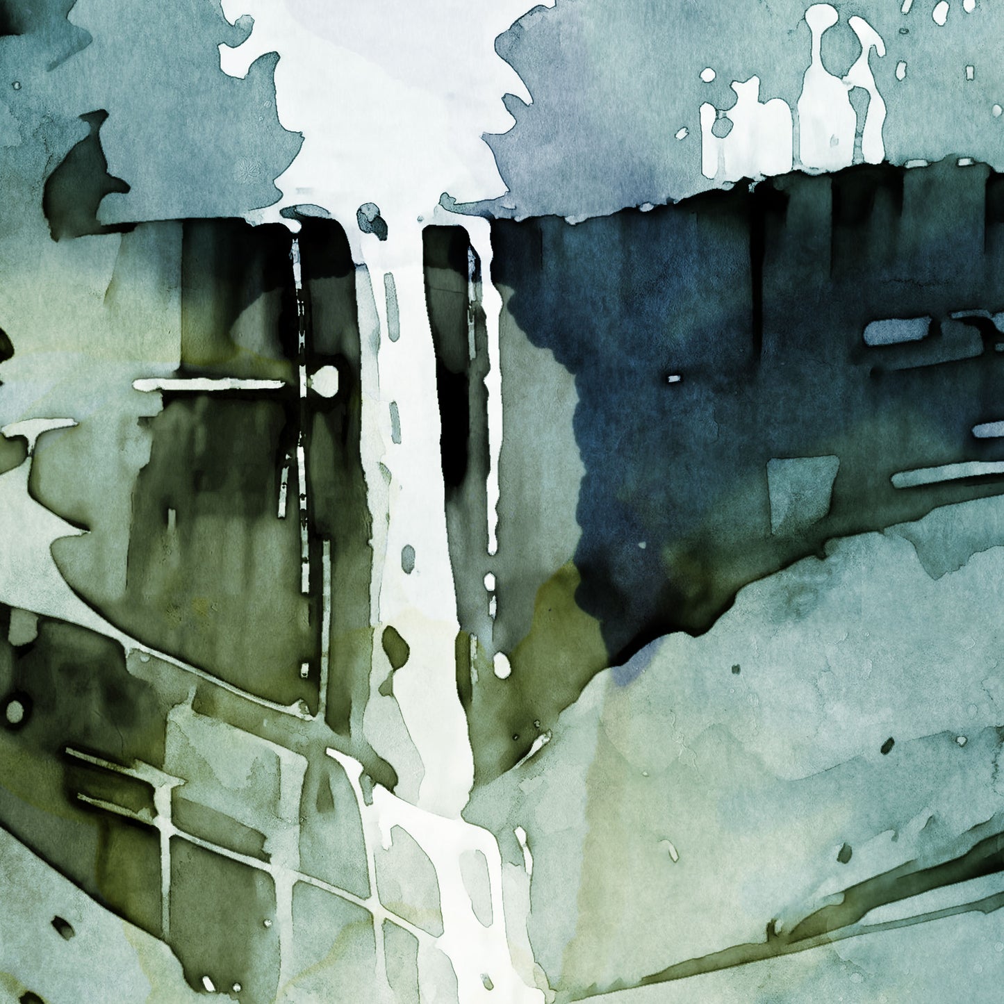 Close-up of a watercolor painting showing water cascading down a rocky surface in shades of green and blue.