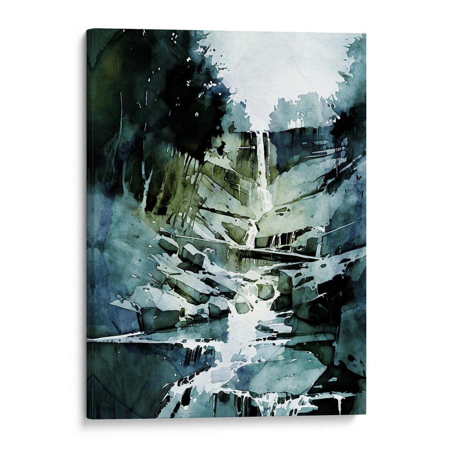 Canvas print of a watercolor painting depicting a waterfall flowing over rocks, mounted on a white background.