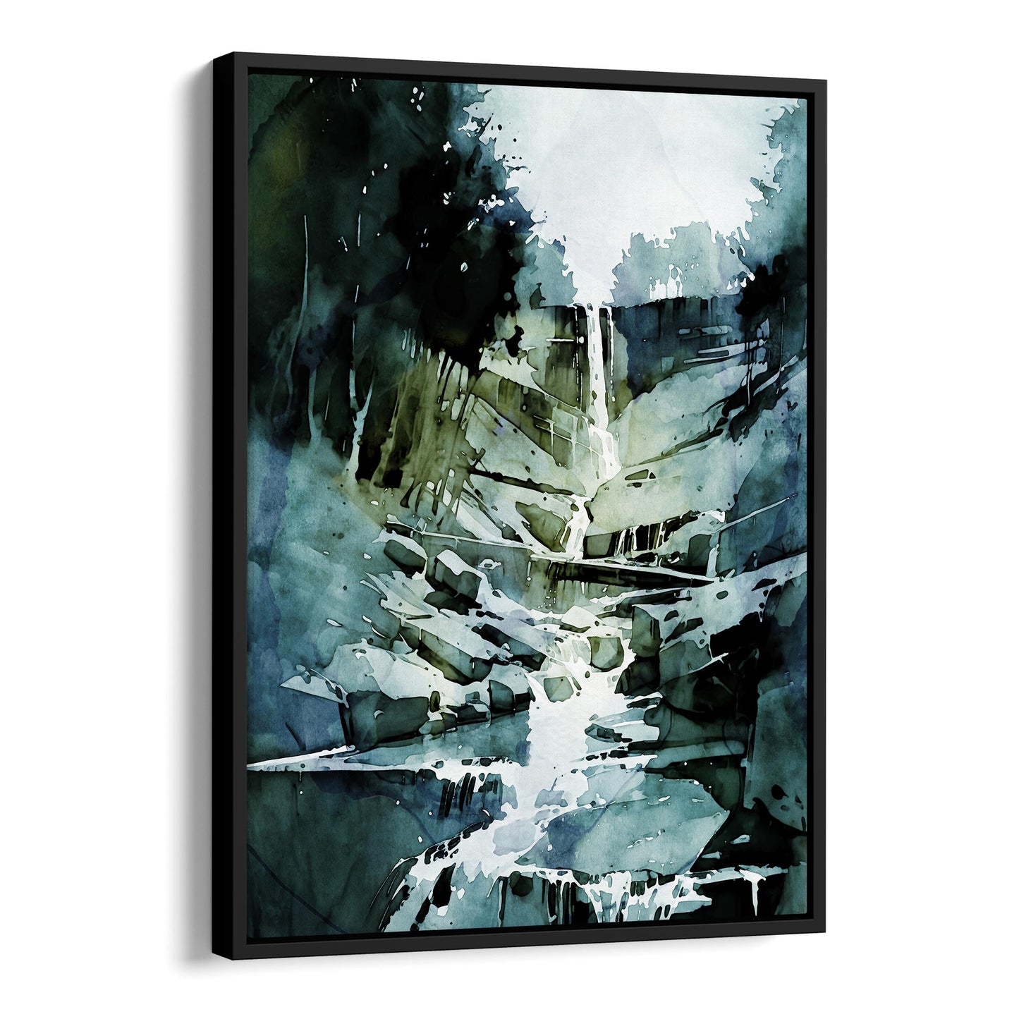Framed canvas print of a watercolor painting featuring a waterfall cascading over rocks, set in a black frame.