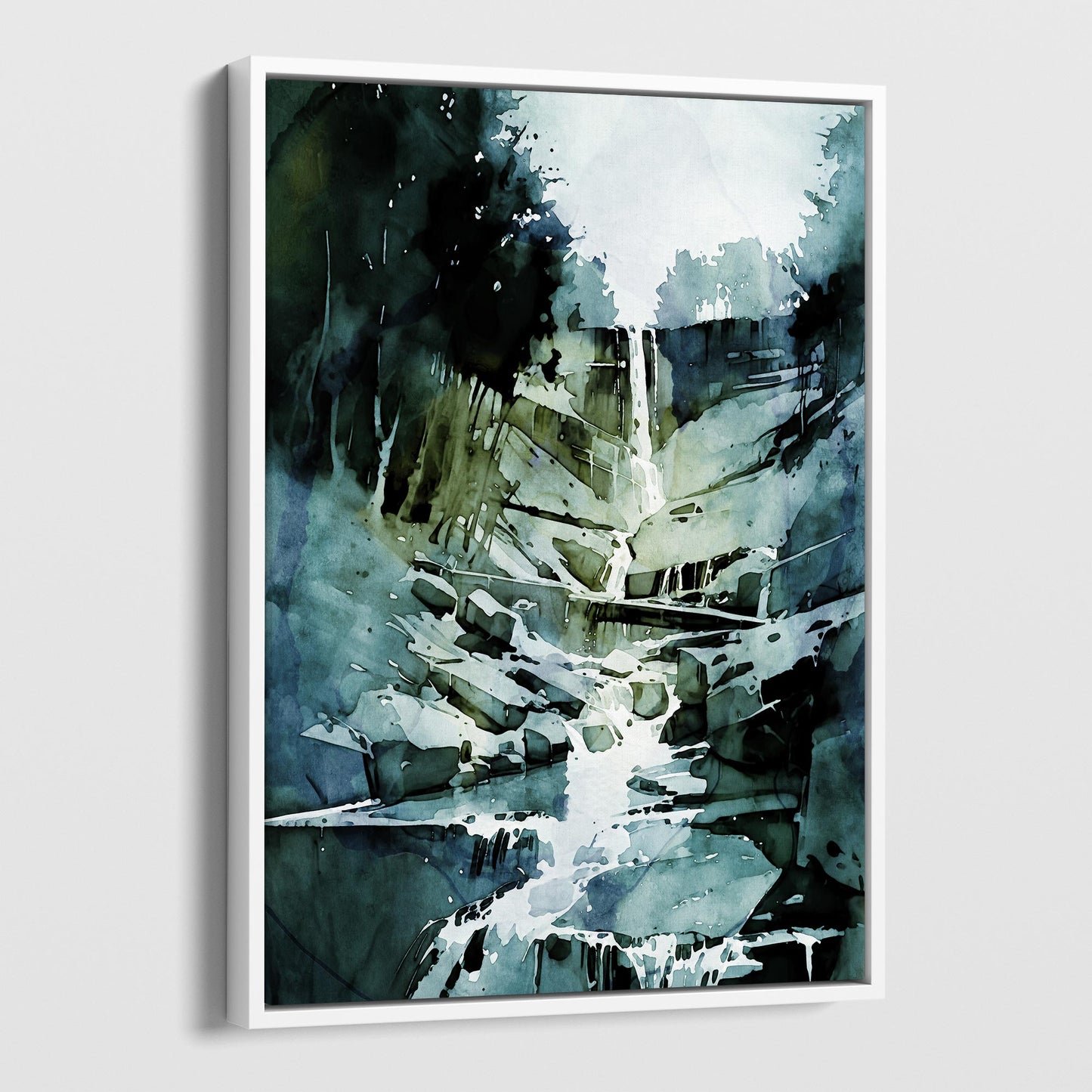 Framed canvas print of a watercolor painting featuring a waterfall cascading over rocks, set in a white frame.