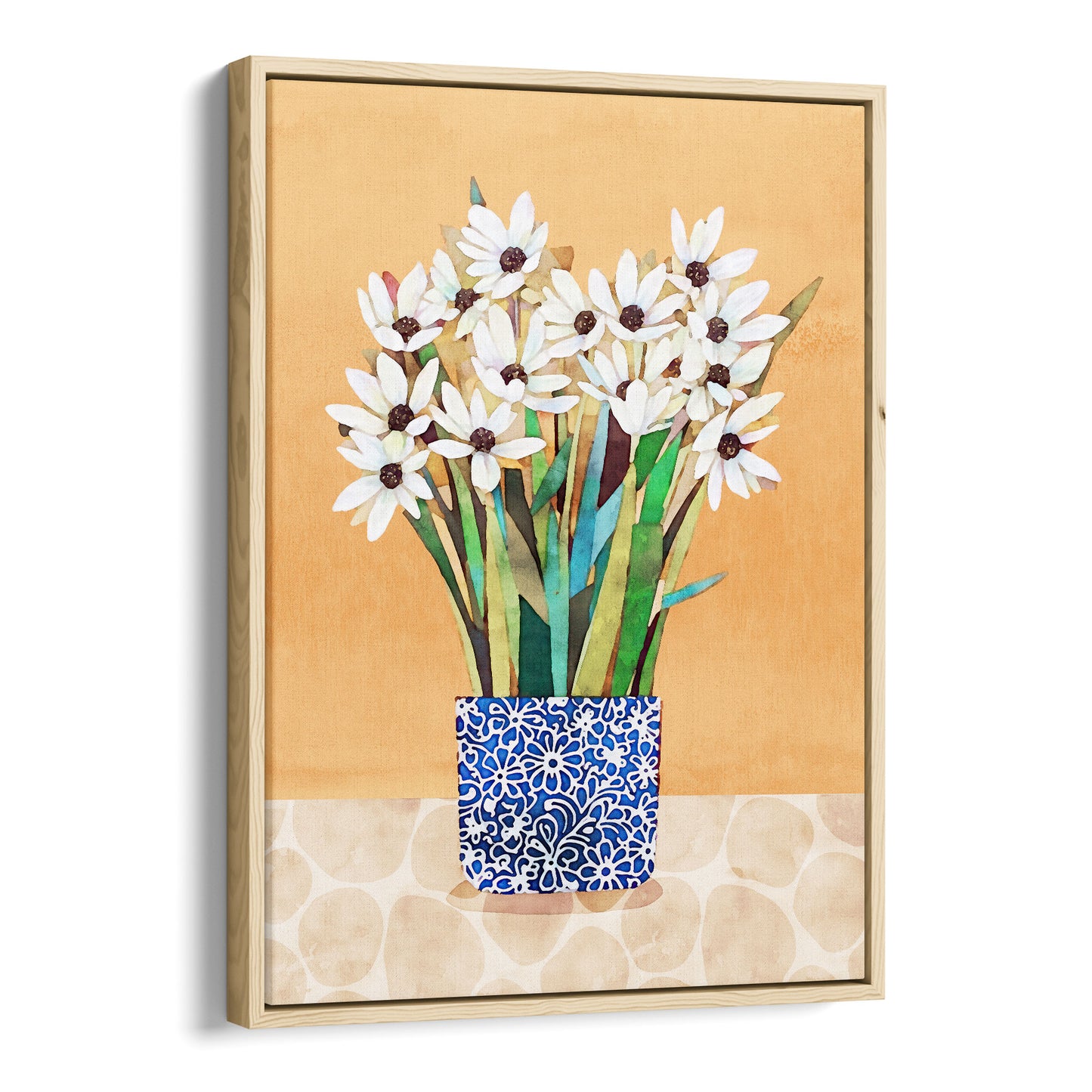 Natural framed canvas artwork featuring white flowers with dark centers in a blue patterned vase on a beige patterned surface with an orange background.