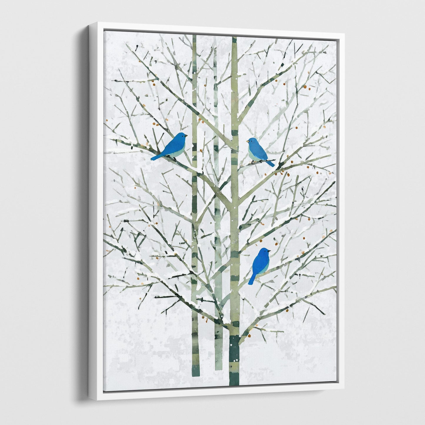 Winter Bluebirds in Birch Trees Watercolor Art Print