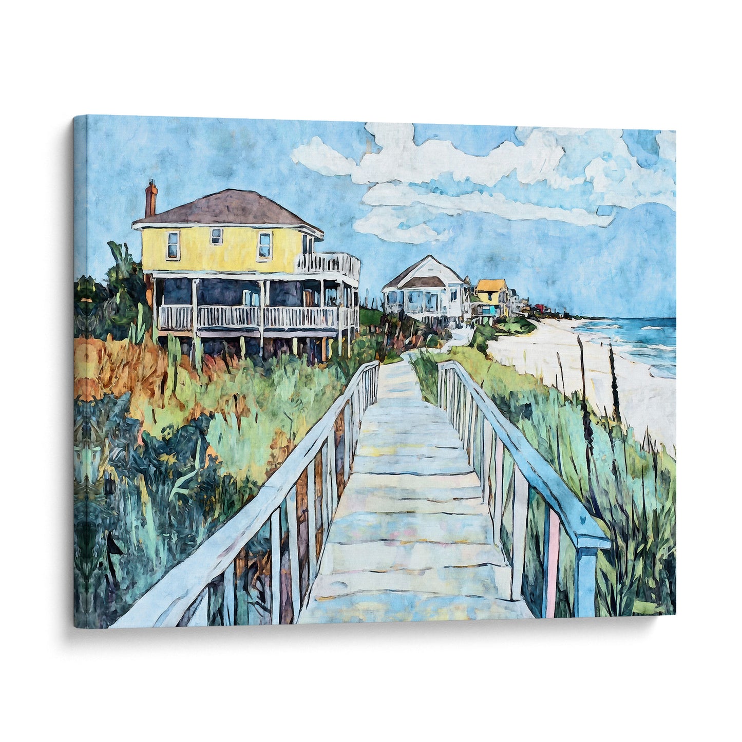 Canvas print of a watercolor-style boardwalk scene leading through grassy dunes toward colorful beach houses, with a bright yellow home prominently featured on the left and a stretch of sandy shoreline and blue ocean on the right.