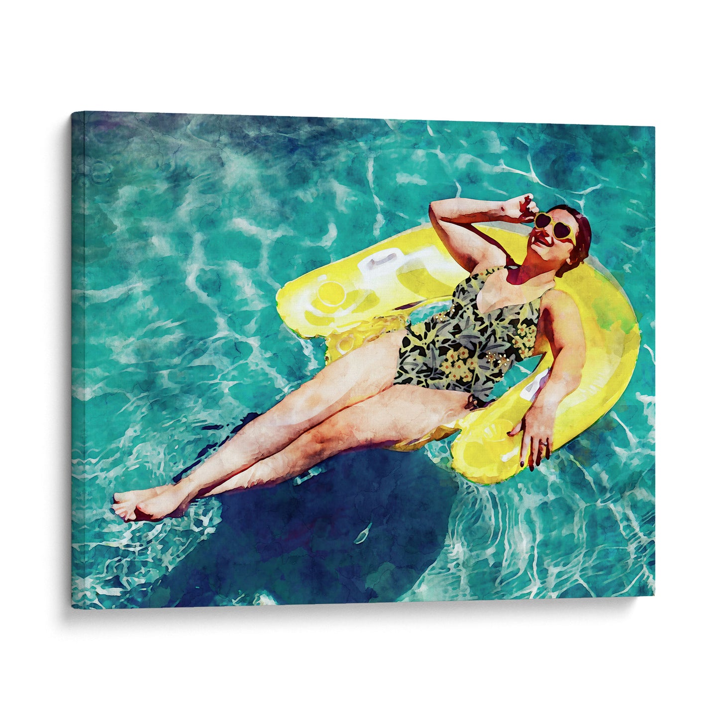 Woman wearing a floral swimsuit and sunglasses, lying on a yellow inflatable float in a pool, smiling and holding their sunglasses with one hand. Watercolor painting printed on gallery wrap canvas.