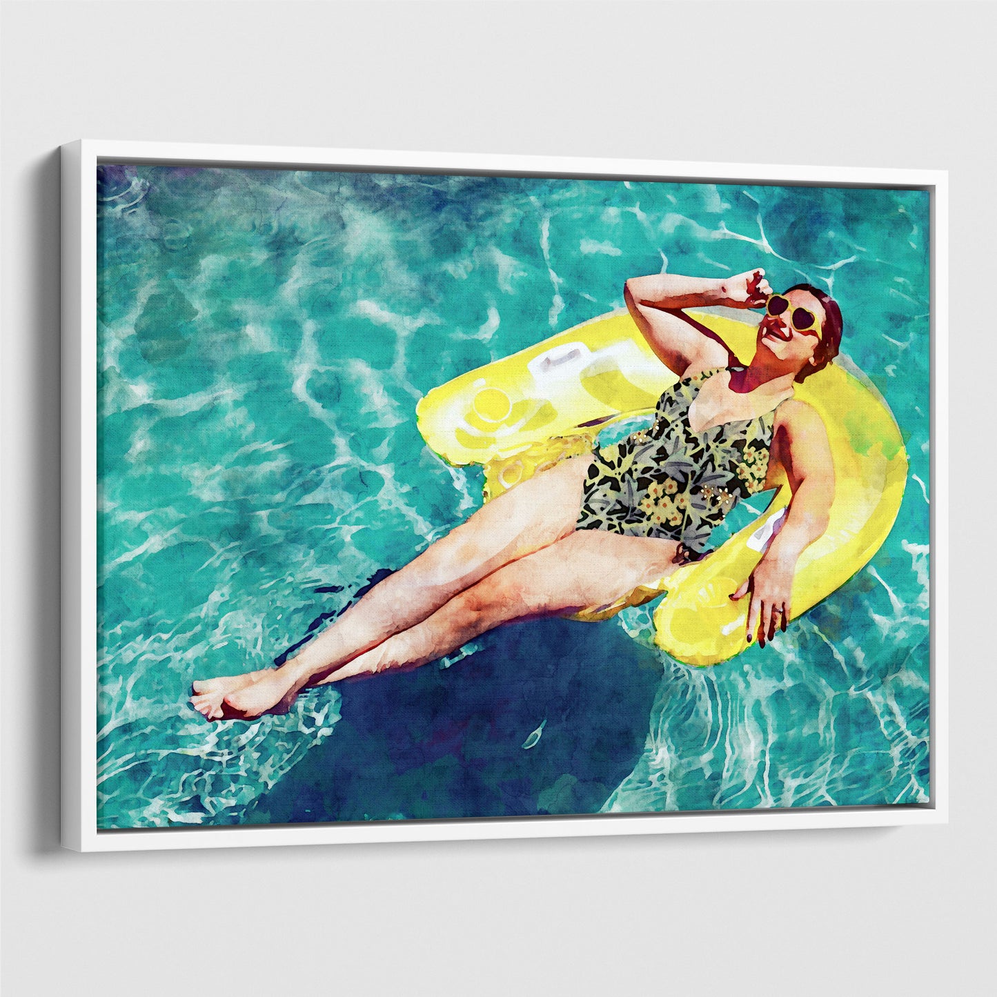 Woman wearing a floral swimsuit and sunglasses, lying on a yellow inflatable float in a pool, smiling and holding their sunglasses with one hand. Watercolor painting printed on gallery wrap canvas in white floater frame.
